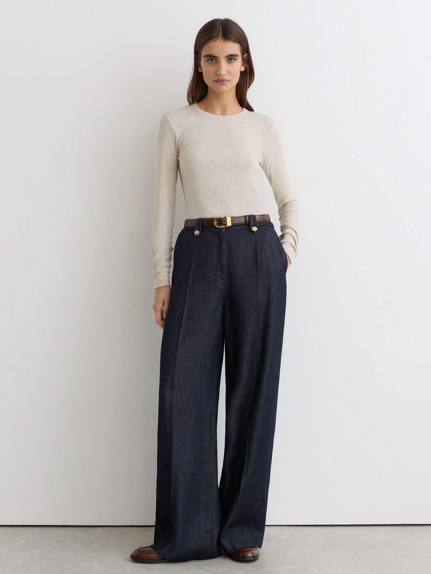 Petite Lyocell Topstitched Wide-Leg Trousers in Indigo - image 4