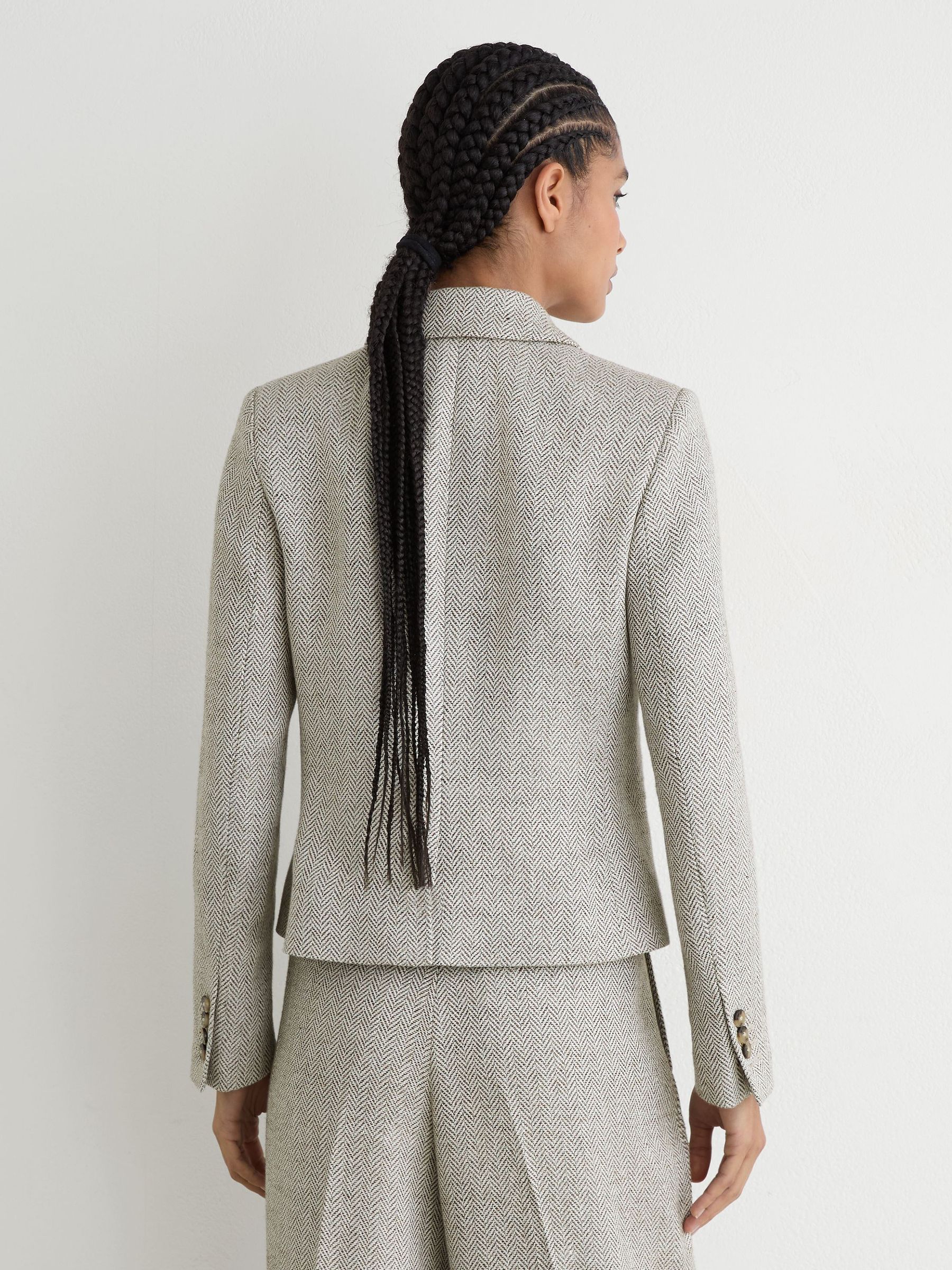 Herringbone Linen-Blend Cropped Suit Blazer in Neutral - Image 8 of 9