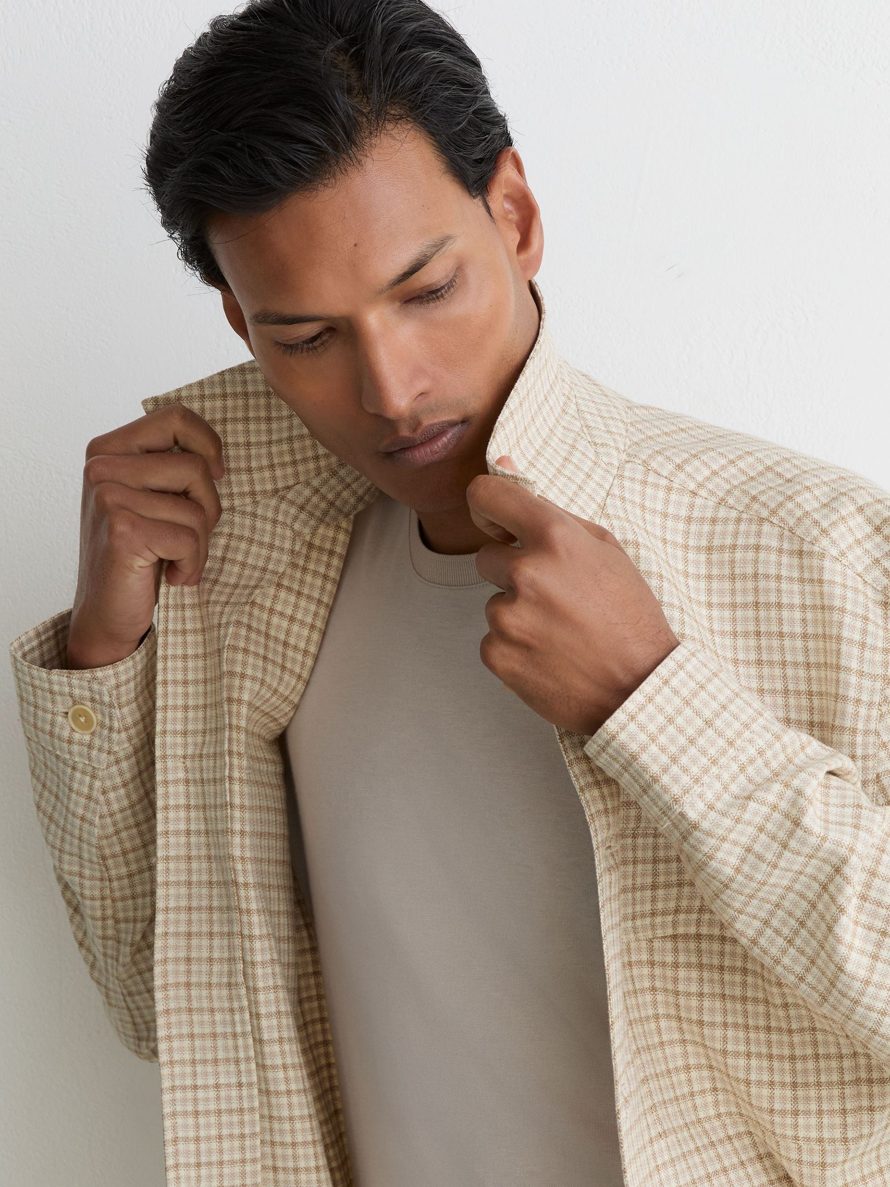 Cotton-Linen Checked Overshirt in Oatmeal - Image 1 of 6 Cotton-Linen Checked Overshirt in Oatmeal - Image 1 of 6