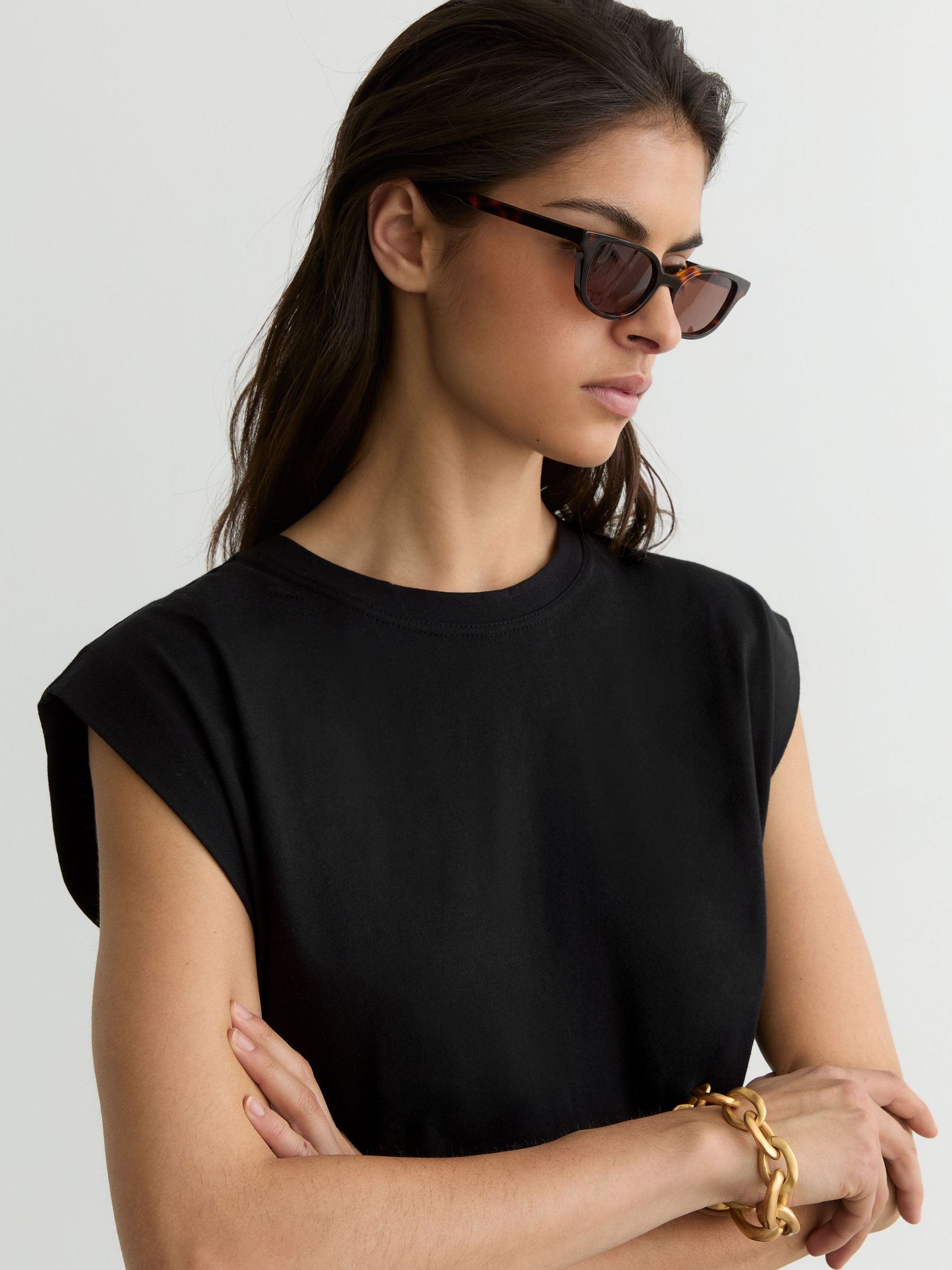 Cotton Cap-Sleeve T-Shirt in Black - image 2