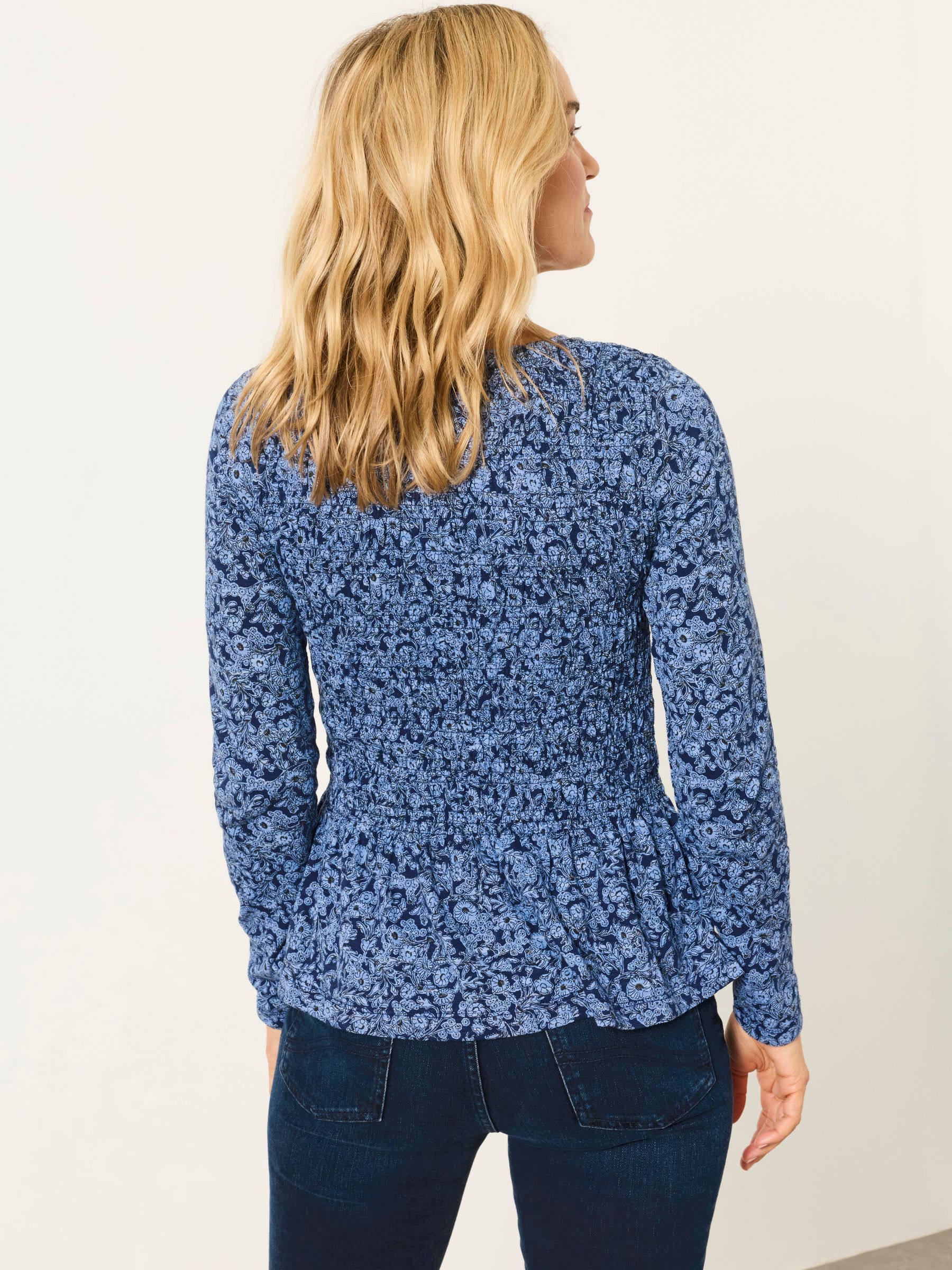 Sara Blue Two Tone Floral Shirred Peplum Top - Image 2 of 7