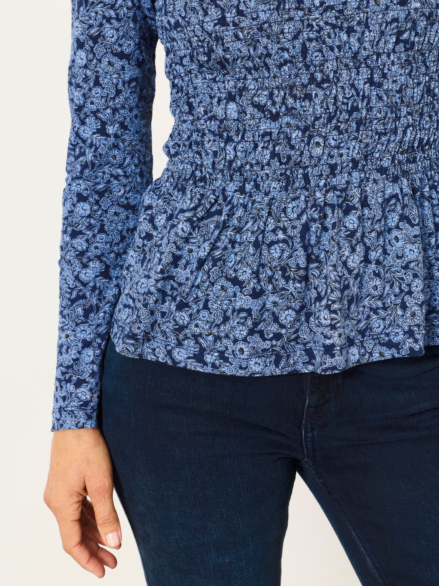 Sara Blue Two Tone Floral Shirred Peplum Top - Image 3 of 7