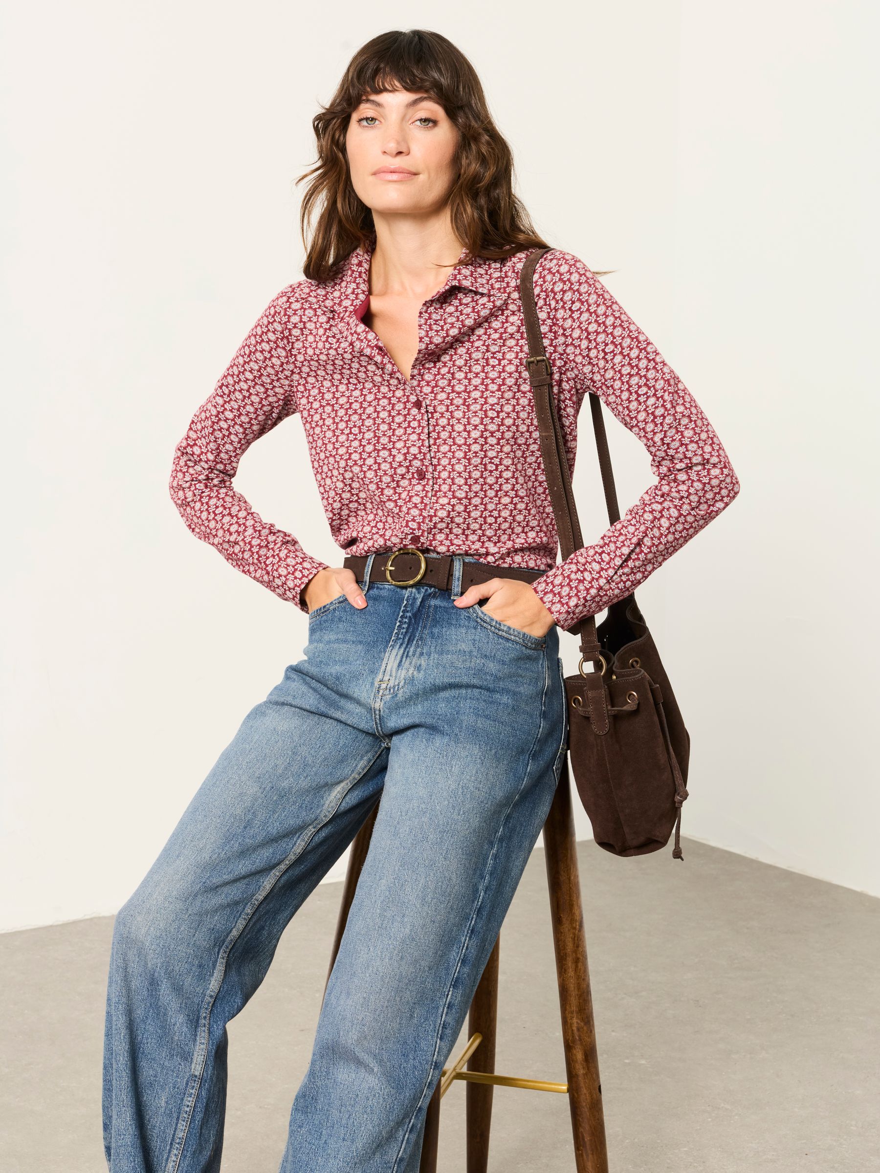 Selby Burgundy Red Folk Print Long Sleeve Jersey Shirt - Image 5 of 6