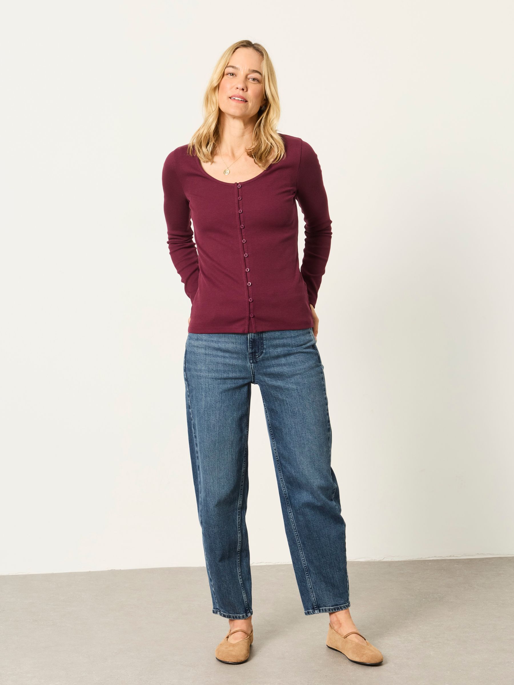 Bethan Plum Purple Button Ribbed Long Sleeve Top - Image 4 of 6