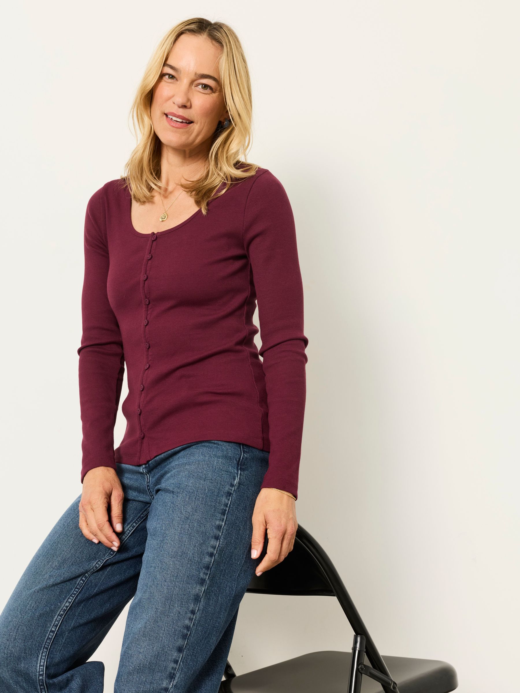 Bethan Plum Purple Button Ribbed Long Sleeve Top - Image 5 of 6