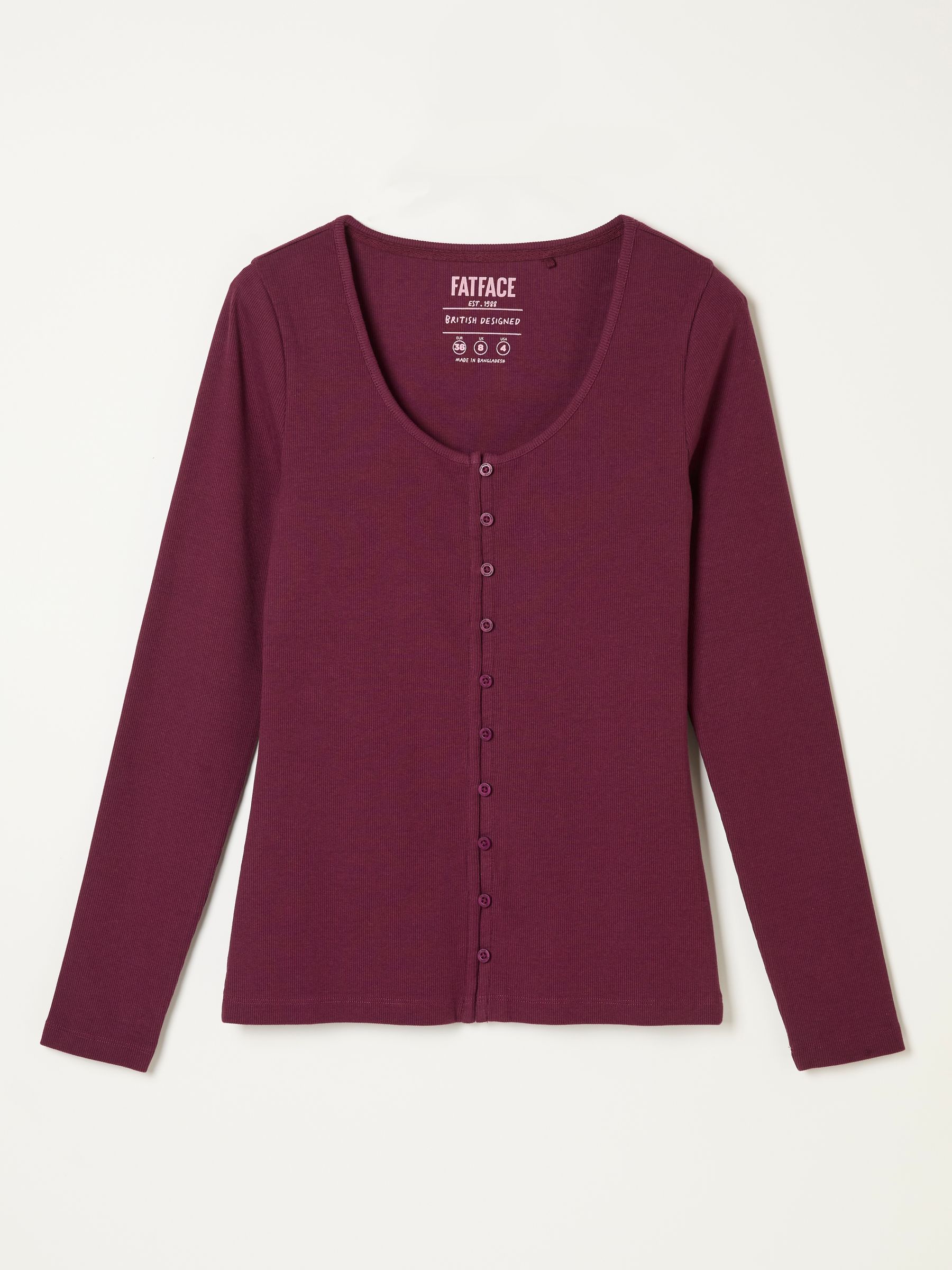 Bethan Plum Purple Button Ribbed Long Sleeve Top - Image 6 of 6