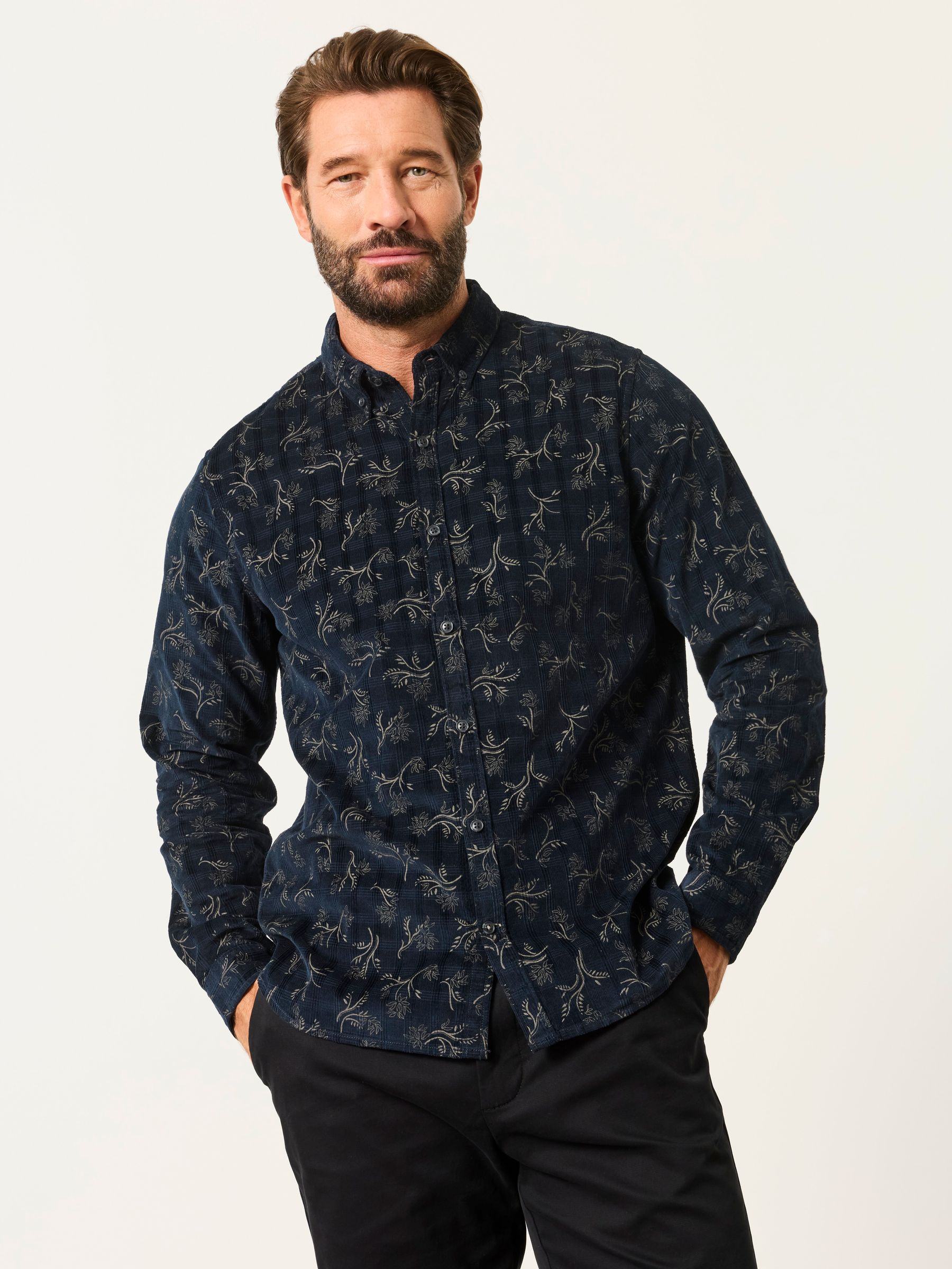 Navy Floral Print Long Sleeve Cord Shirt - Image 1 of 7 Navy Floral Print Long Sleeve Cord Shirt - Image 1 of 7