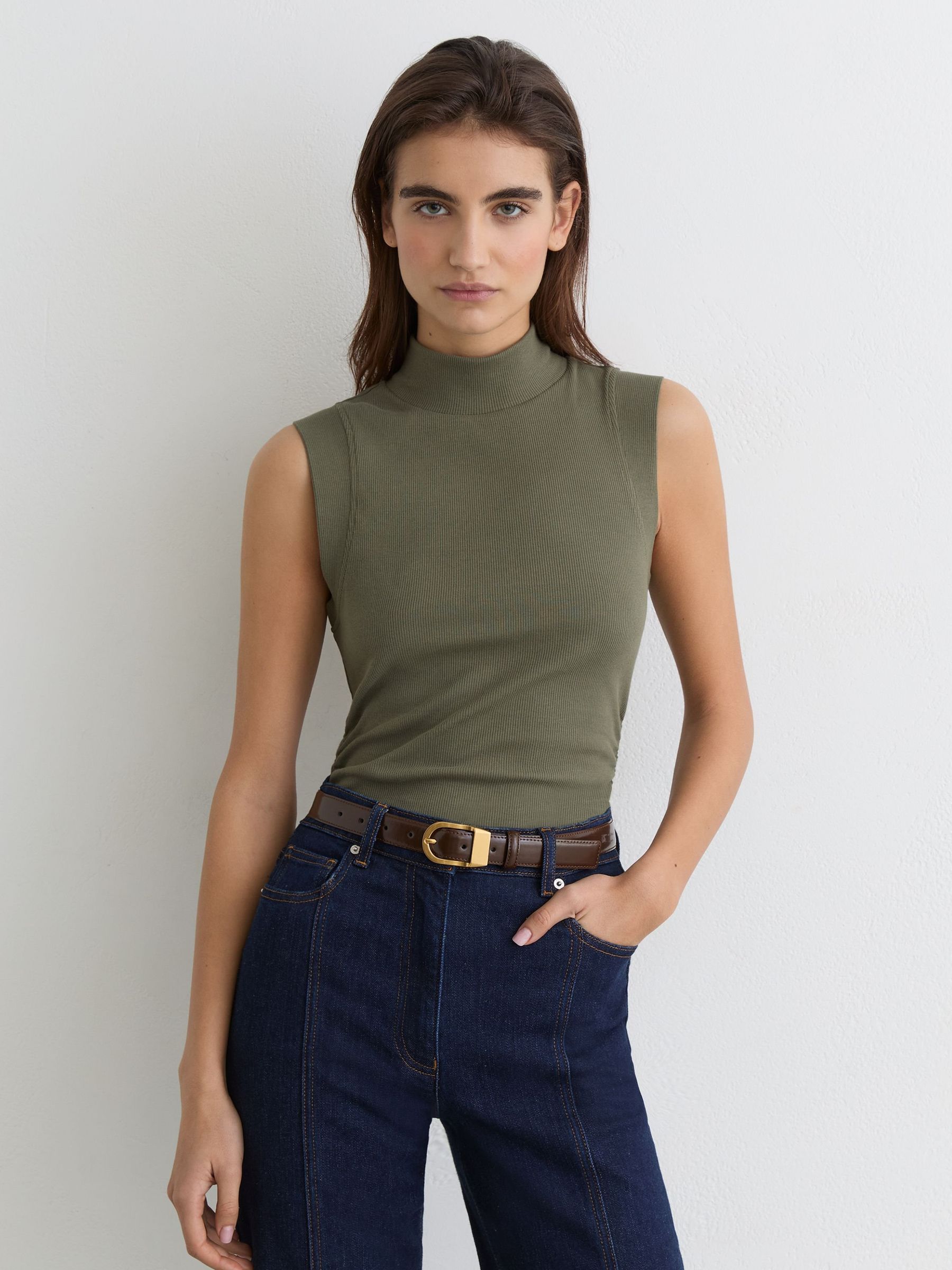 Stretch-Cotton High-Neck Vest in Khaki Green - image 2