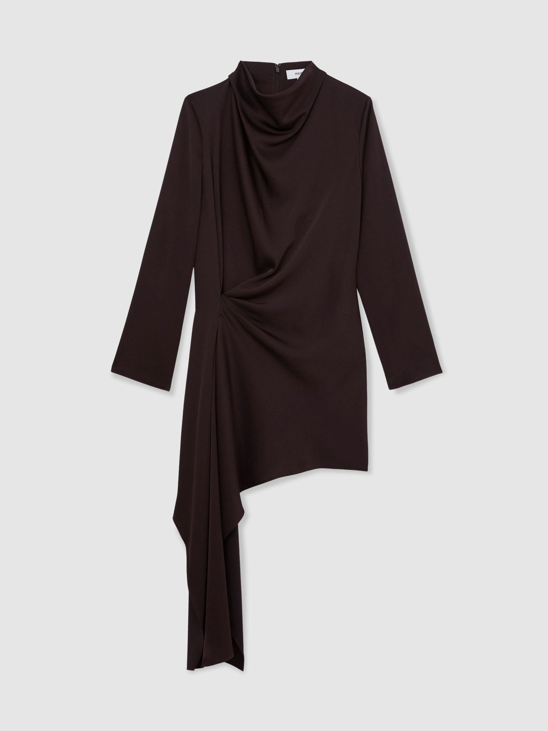 Draped Long-Sleeve Mini Dress in Grape Burgundy - Image 2 of 8 Draped Long-Sleeve Mini Dress in Grape Burgundy - Image 2 of 8