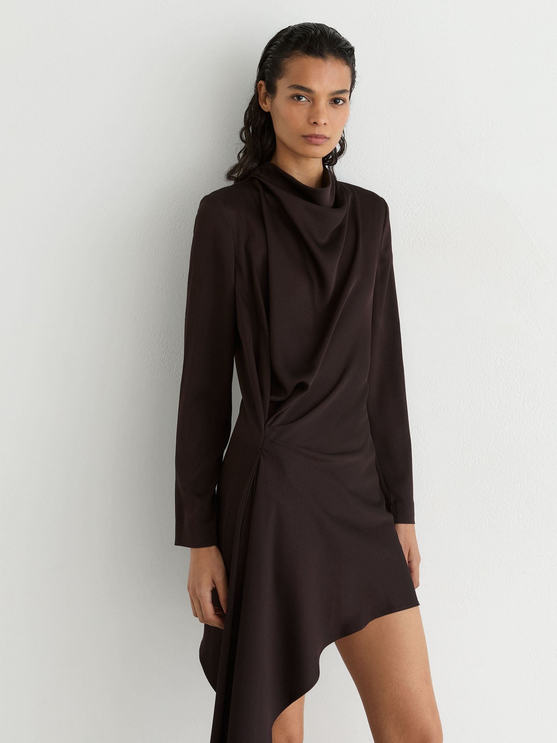 Draped Long-Sleeve Mini Dress in Grape Burgundy - Image 3 of 8