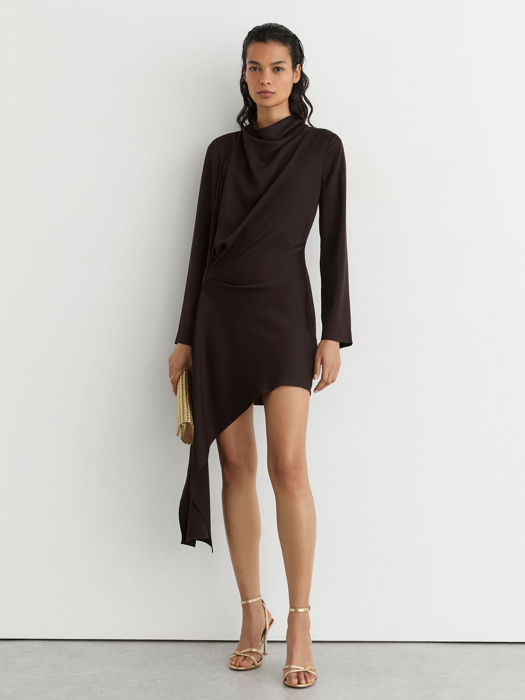 Draped Long-Sleeve Mini Dress in Grape Burgundy - Image 4 of 8