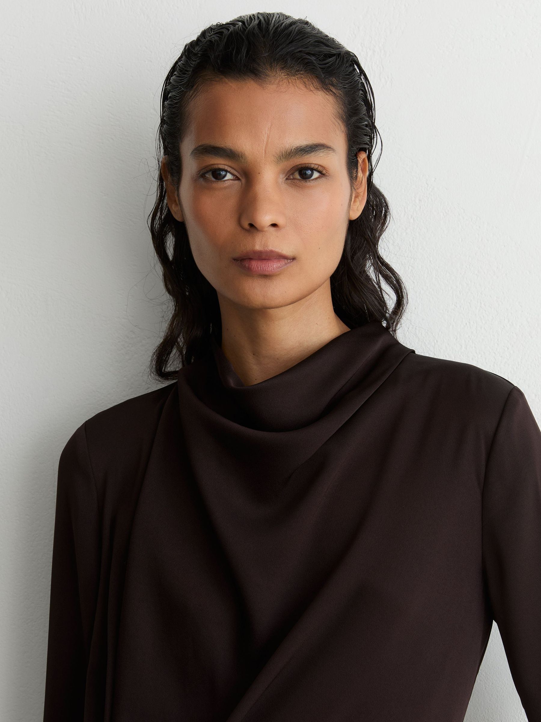 Draped Long-Sleeve Mini Dress in Grape Burgundy - Image 5 of 8