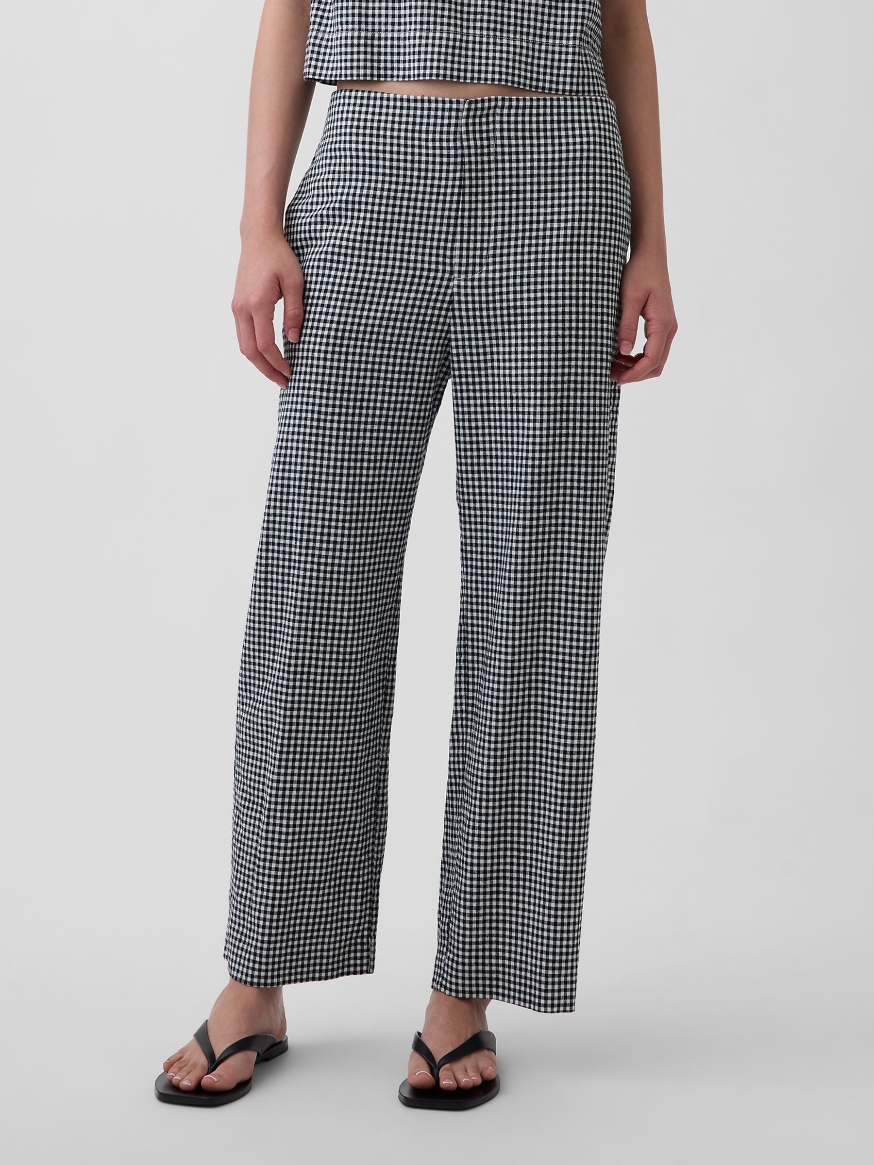 Black Check Linen-Blend Relaxed Straight Ankle Trousers - Image 1 of 4 Black Check Linen-Blend Relaxed Straight Ankle Trousers - Image 1 of 4