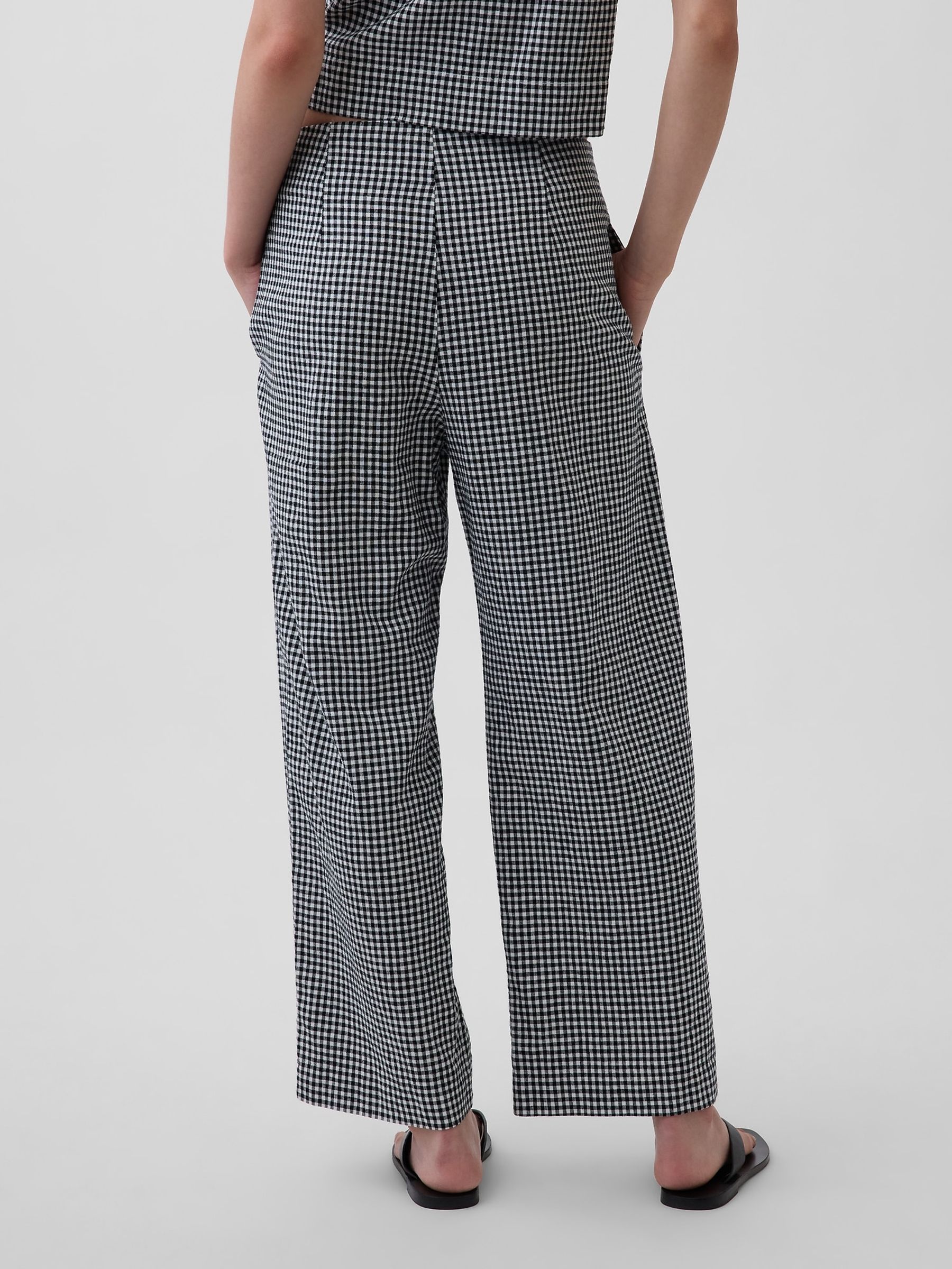 Black Check Linen-Blend Relaxed Straight Ankle Trousers - Image 2 of 4 Black Check Linen-Blend Relaxed Straight Ankle Trousers - Image 2 of 4