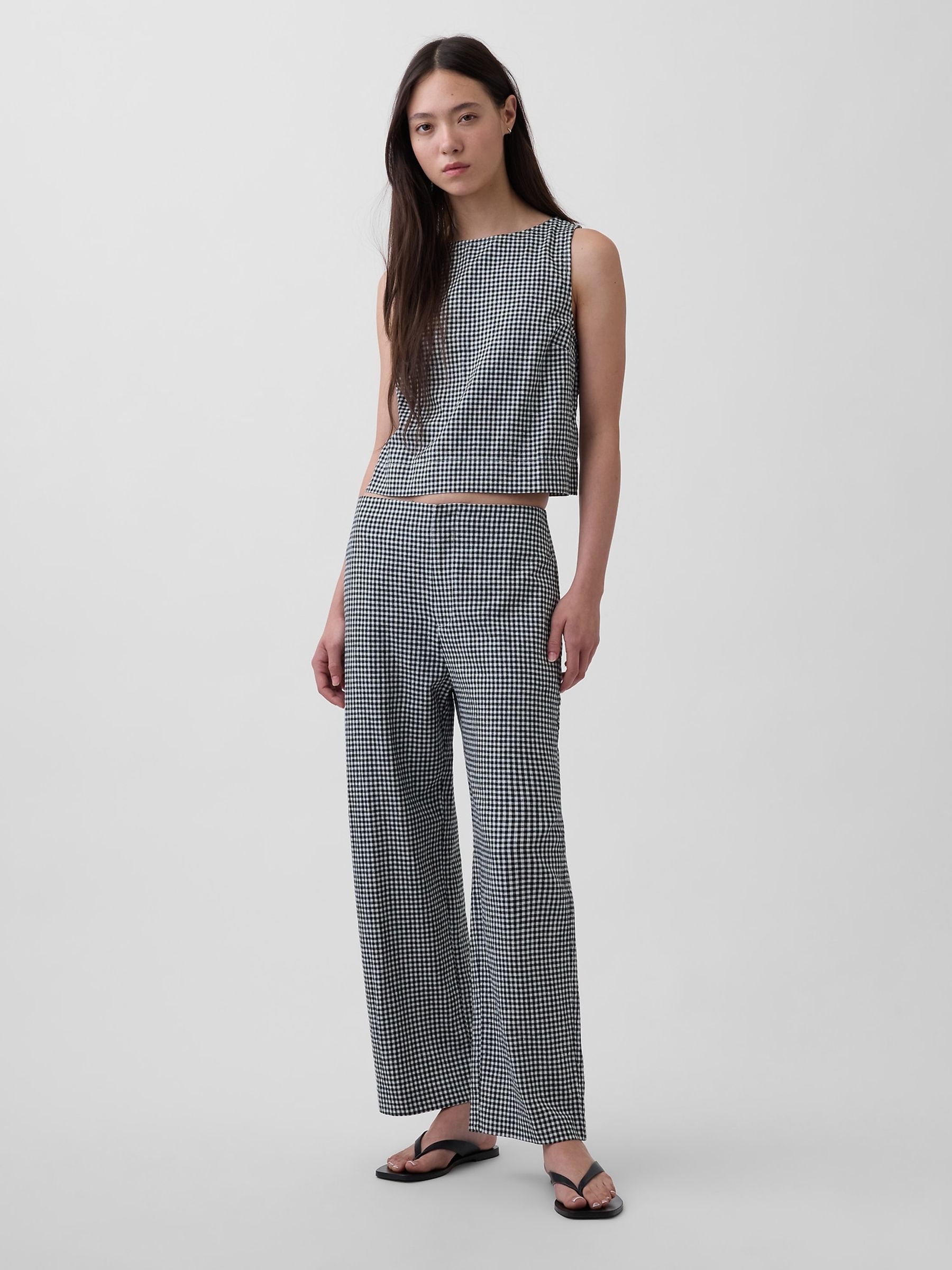 Black Check Linen-Blend Relaxed Straight Ankle Trousers - Image 4 of 4 Black Check Linen-Blend Relaxed Straight Ankle Trousers - Image 4 of 4