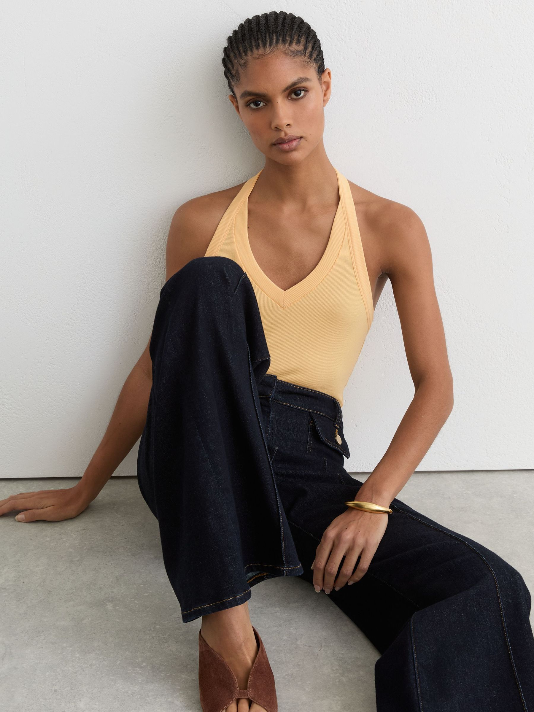 Stretch-Cotton Ribbed Halterneck Vest in Yellow - image 5