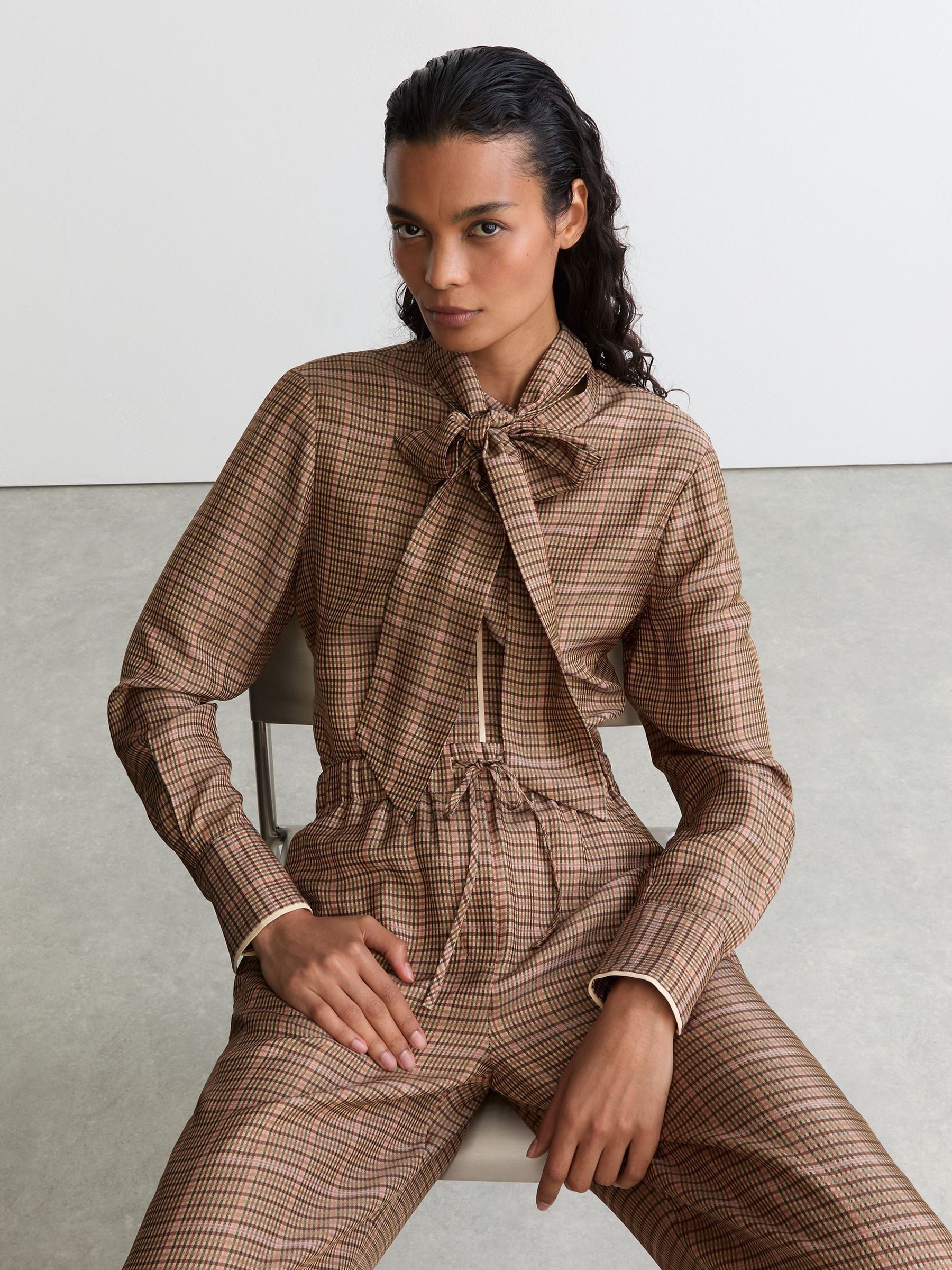 Check Tie-Neck Blouse in Neutral - Image 1 of 7
