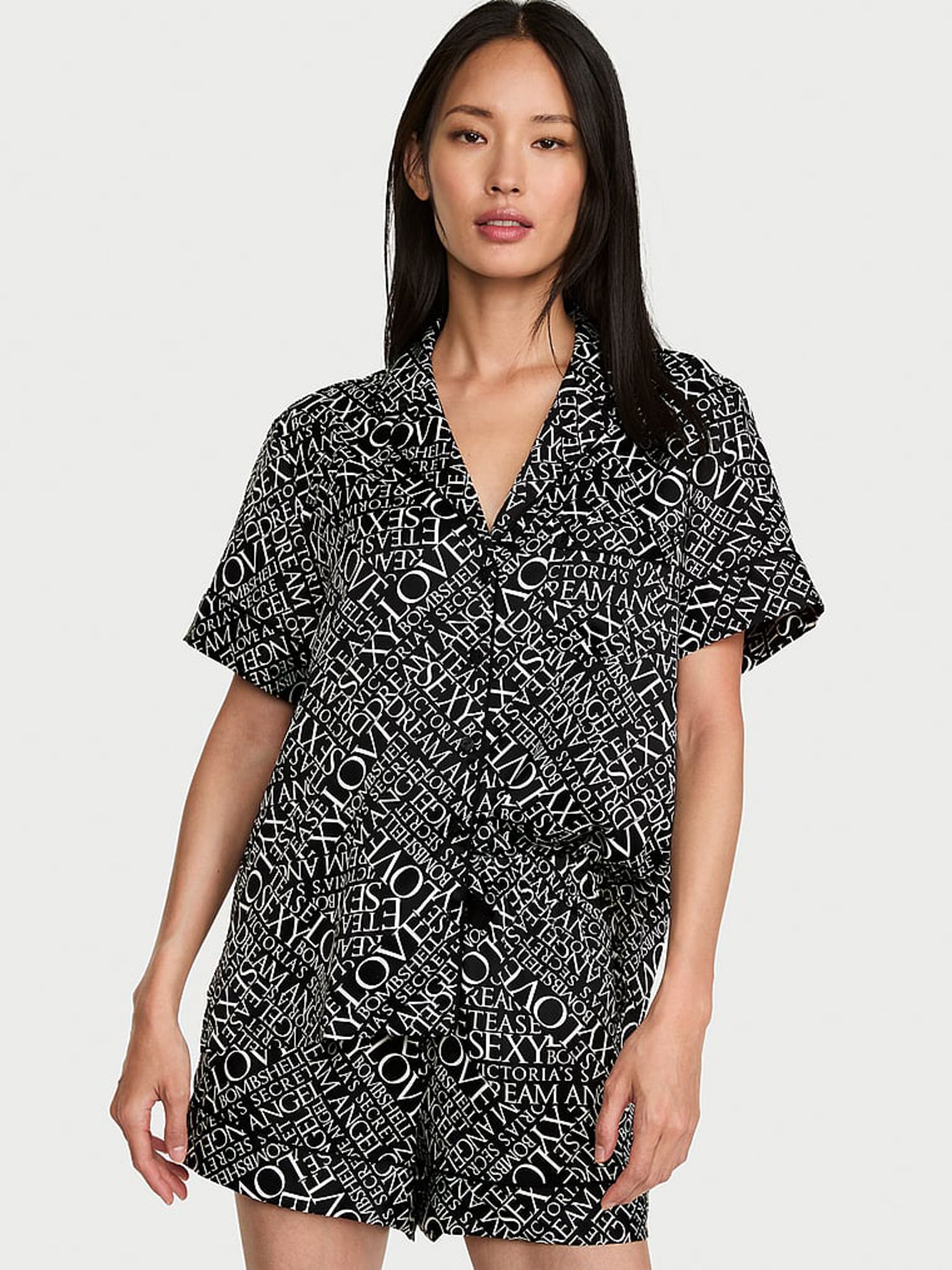 Black Newspaper Print Satin Short Pyjamas Set - Image 1 of 3