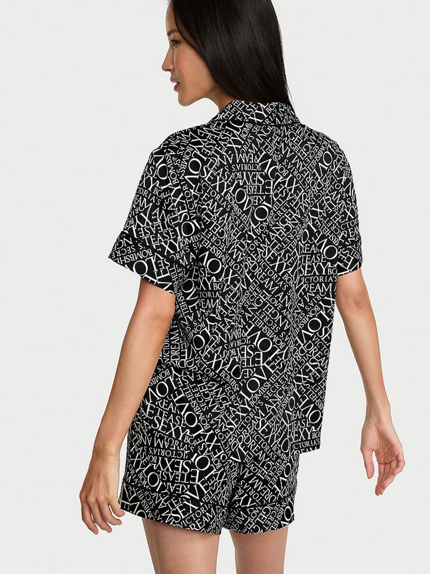 Black Newspaper Print Satin Short Pyjamas Set - Image 2 of 3 Black Newspaper Print Satin Short Pyjamas Set - Image 2 of 3