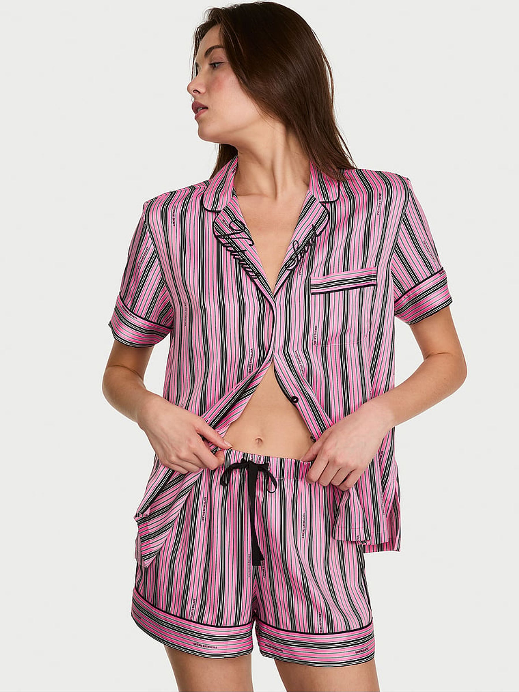 Pink Stripe Satin Short Pyjamas Set - Image 1 of 3 Pink Stripe Satin Short Pyjamas Set - Image 1 of 3