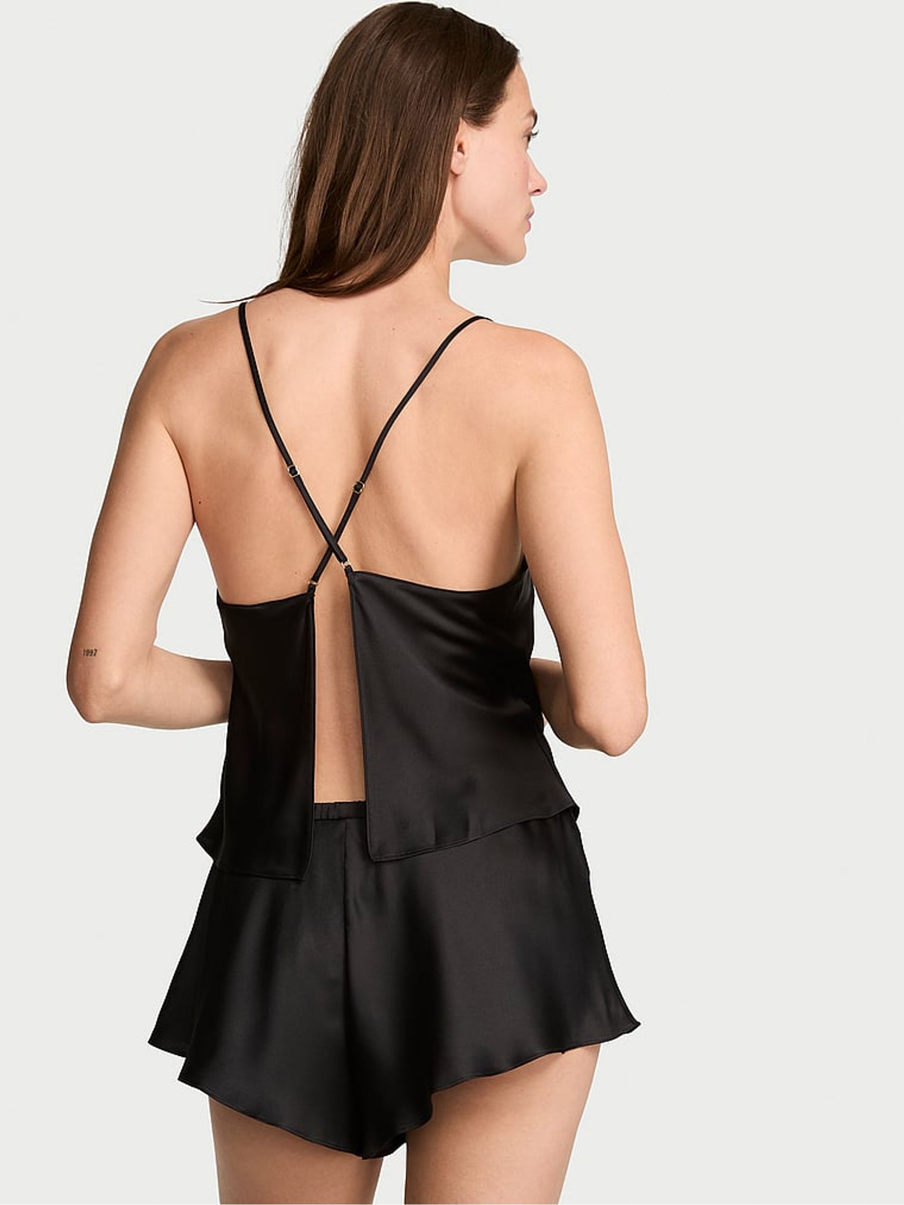 Black Satin Open Back Cami Shorts Set - Image 2 of 2