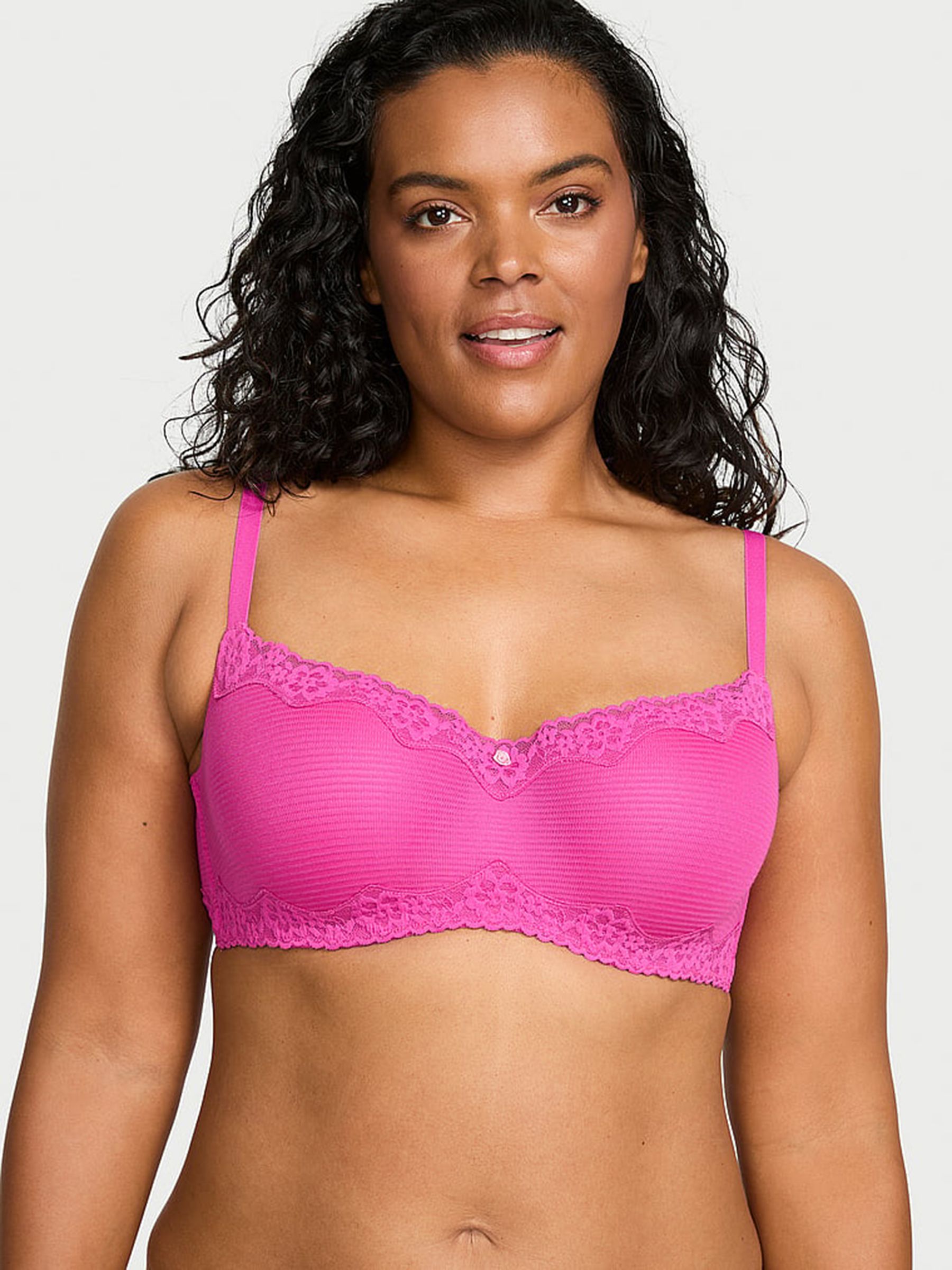 Pink Fire Lightly Lined Balcony Cotton Stripe Lace Trim Bra - Image 1 of 2