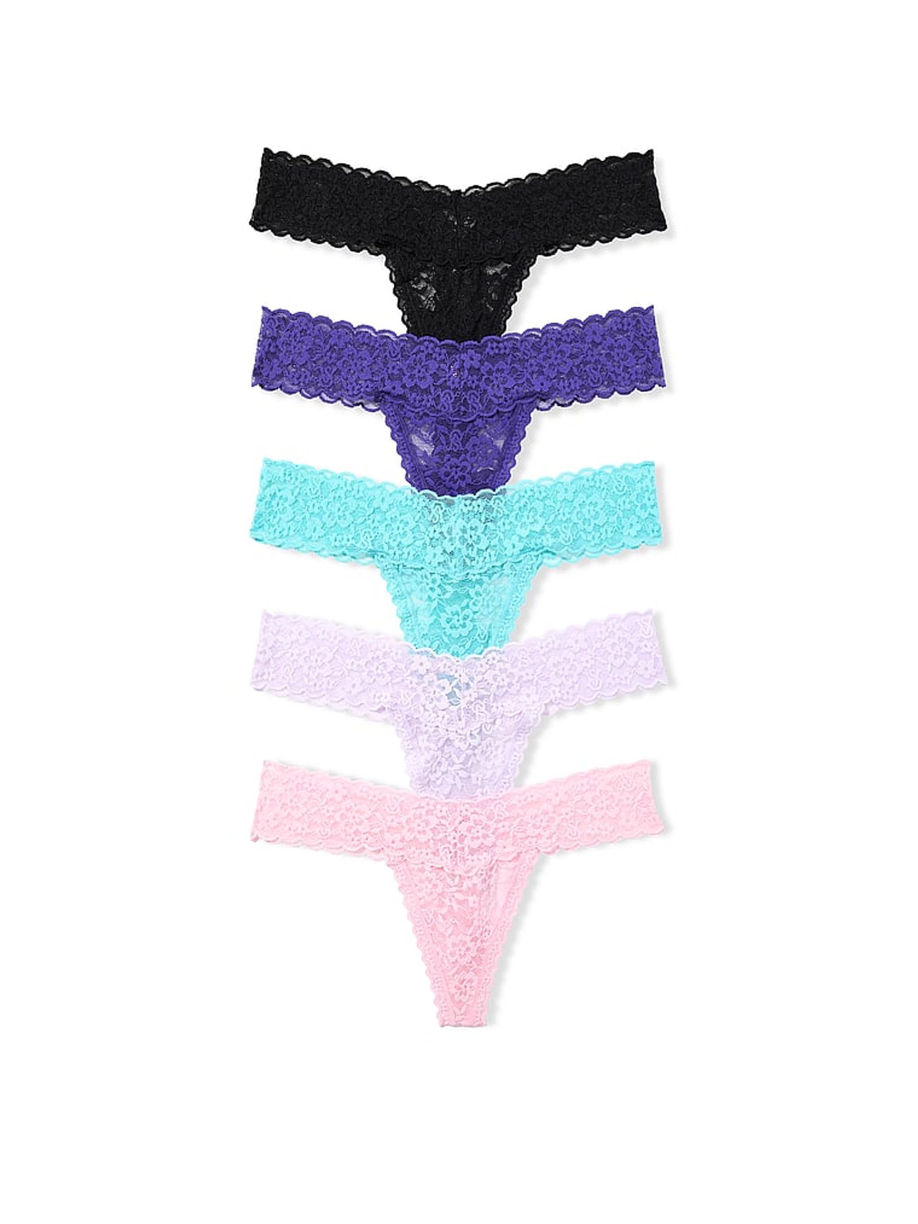 Black/Blue/Purple/Pink Thong Knickers 5 Pack - Image 1 of 3 Black/Blue/Purple/Pink Thong Knickers 5 Pack - Image 1 of 3