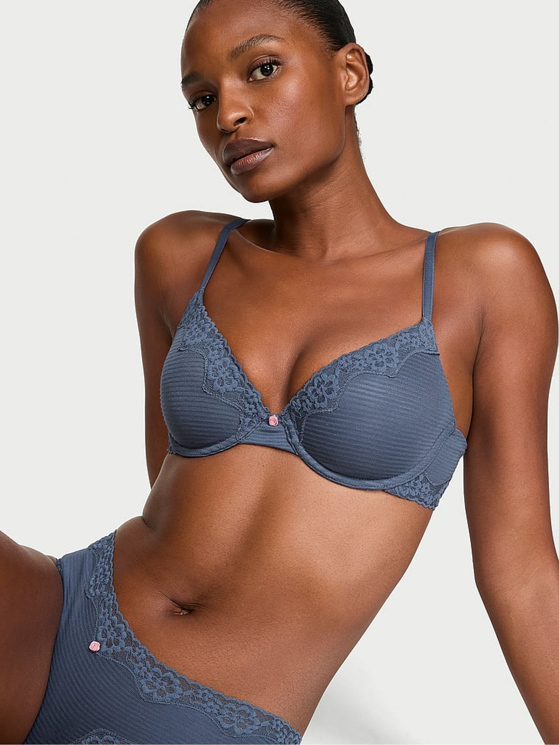 Bluestream Lightly Lined Demi Cotton Stripe Lace Trim Bra - Image 1 of 2