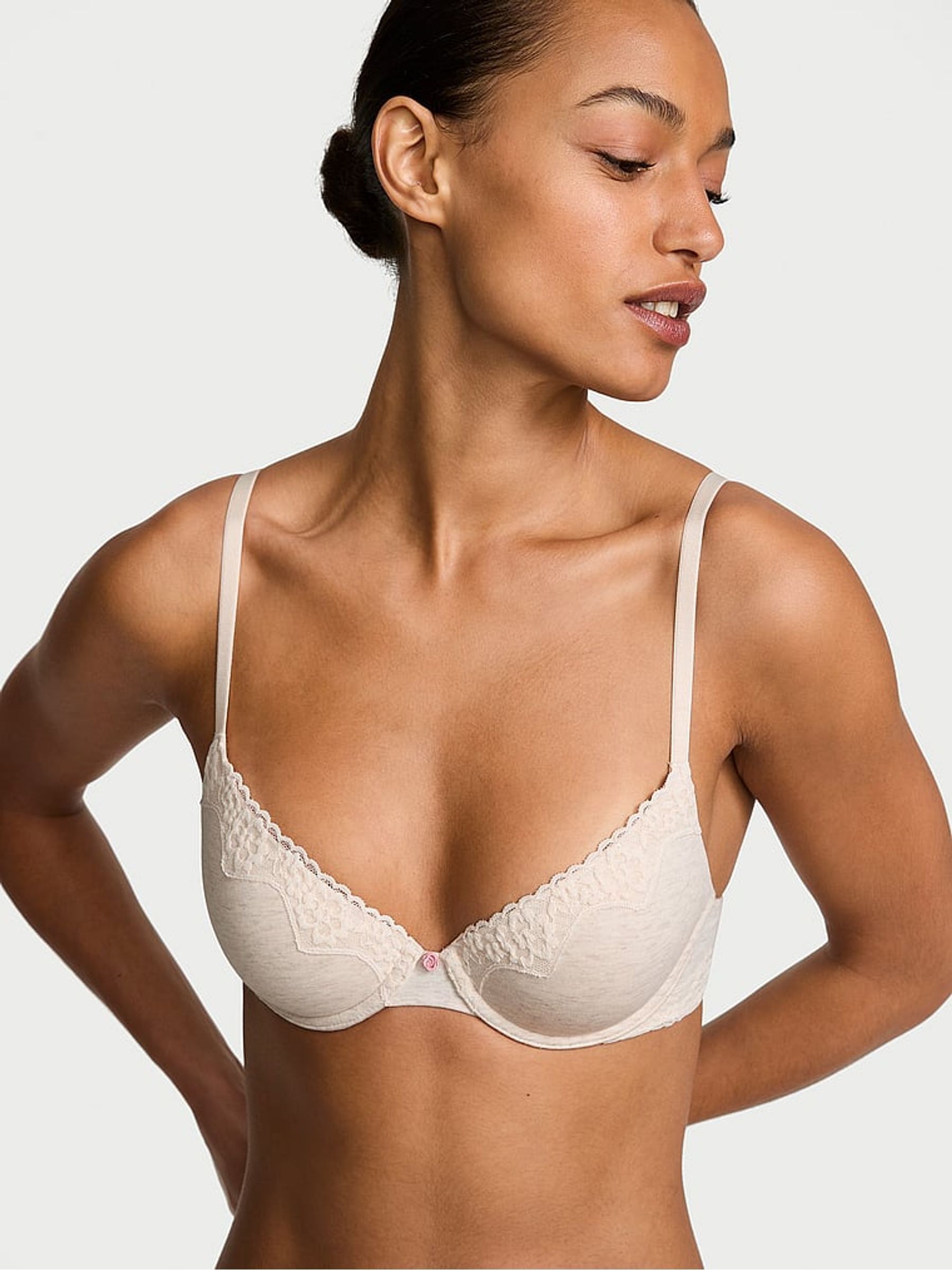Natural Heather Nude Lightly Lined Demi Cotton Lace Trim Bra - Image 1 of 2 Natural Heather Nude Lightly Lined Demi Cotton Lace Trim Bra - Image 1 of 2