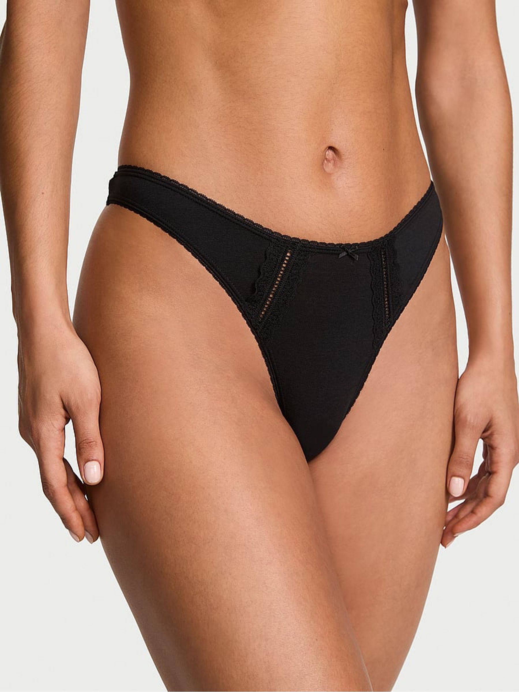 Black Thong Cotton Lace Trim Knickers - Image 1 of 3 Black Thong Cotton Lace Trim Knickers - Image 1 of 3