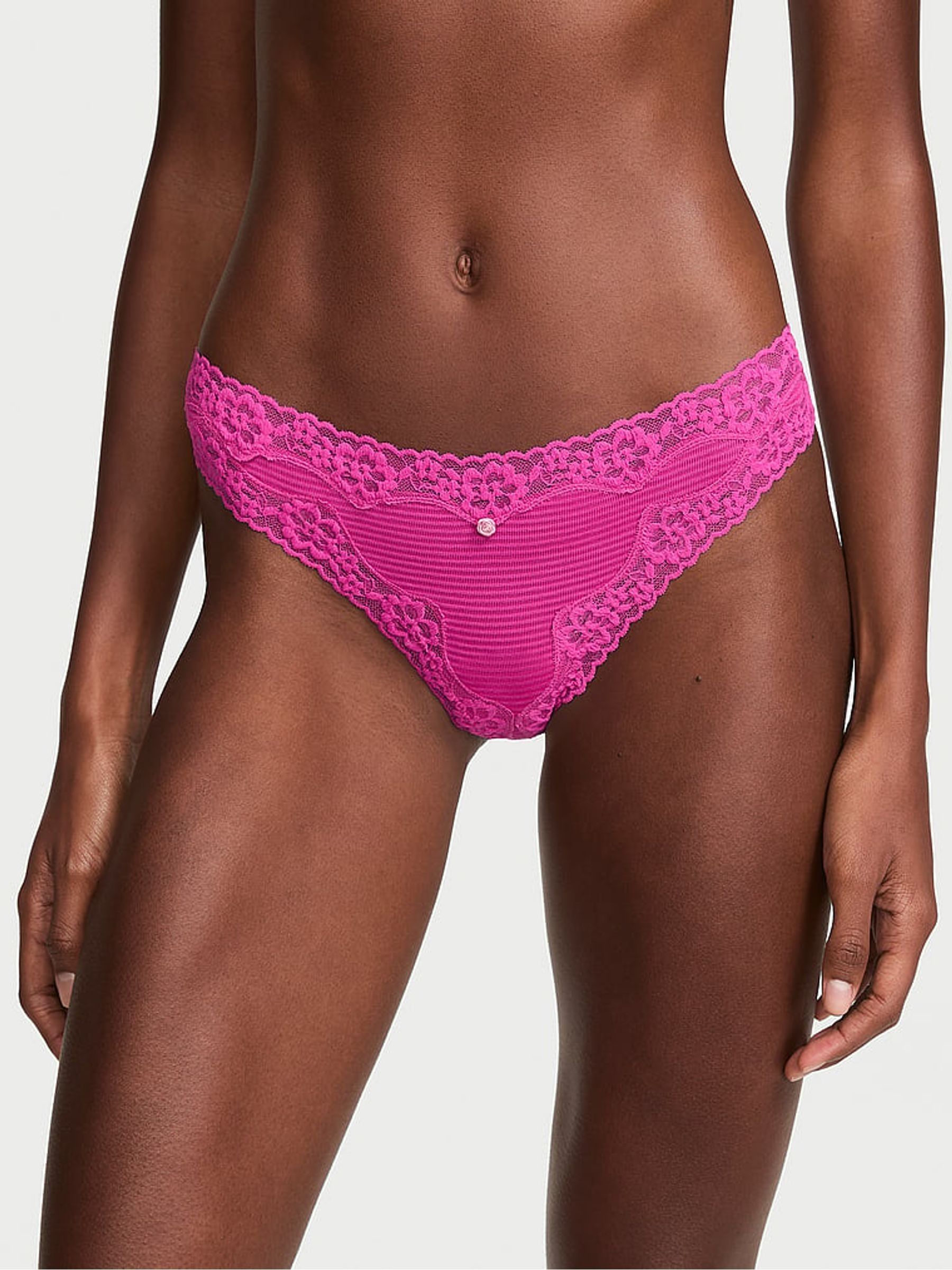Pink Fire Thong Cotton Stripe Lace Waist Knickers - Image 1 of 2