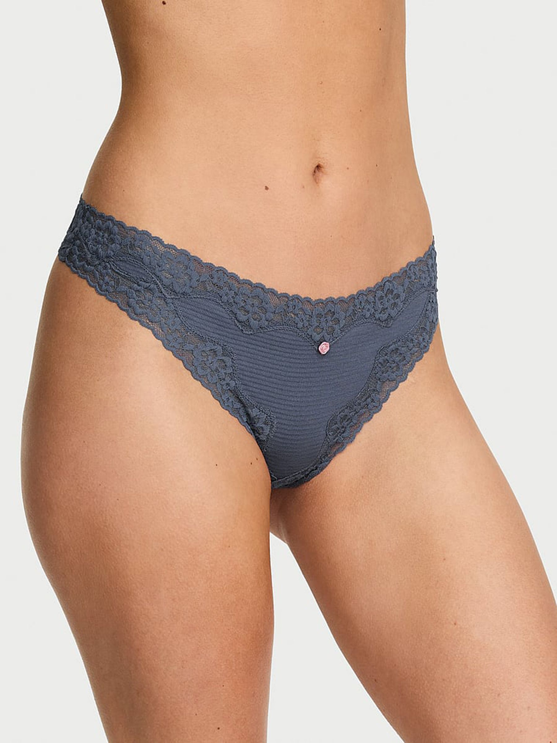 Bluestream Thong Cotton Stripe Lace Waist Knickers - Image 1 of 2 Bluestream Thong Cotton Stripe Lace Waist Knickers - Image 1 of 2