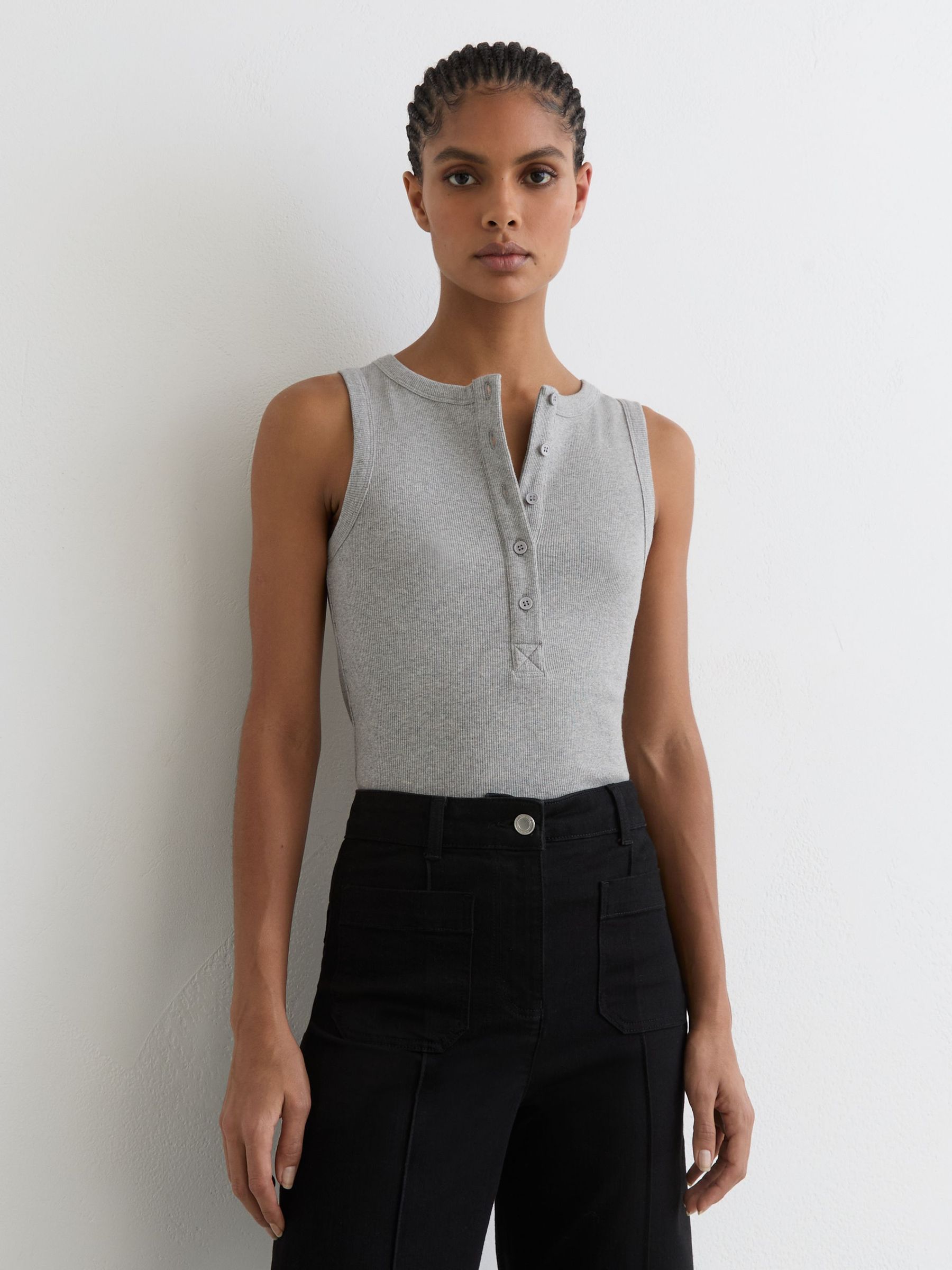 Stretch-Cotton Ribbed Henley Vest in Grey Marl - image 3