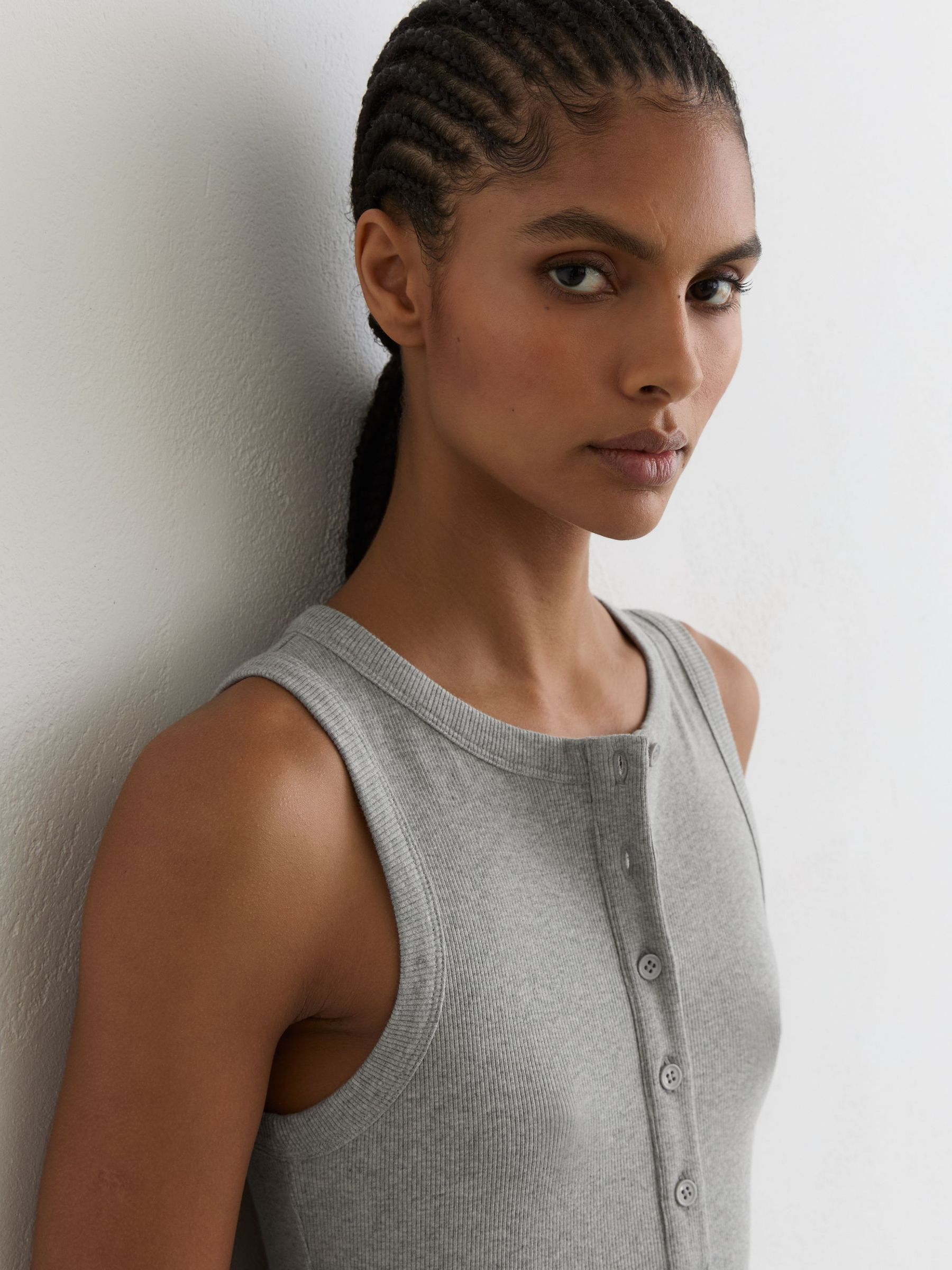 Stretch-Cotton Ribbed Henley Vest in Grey Marl - image 4