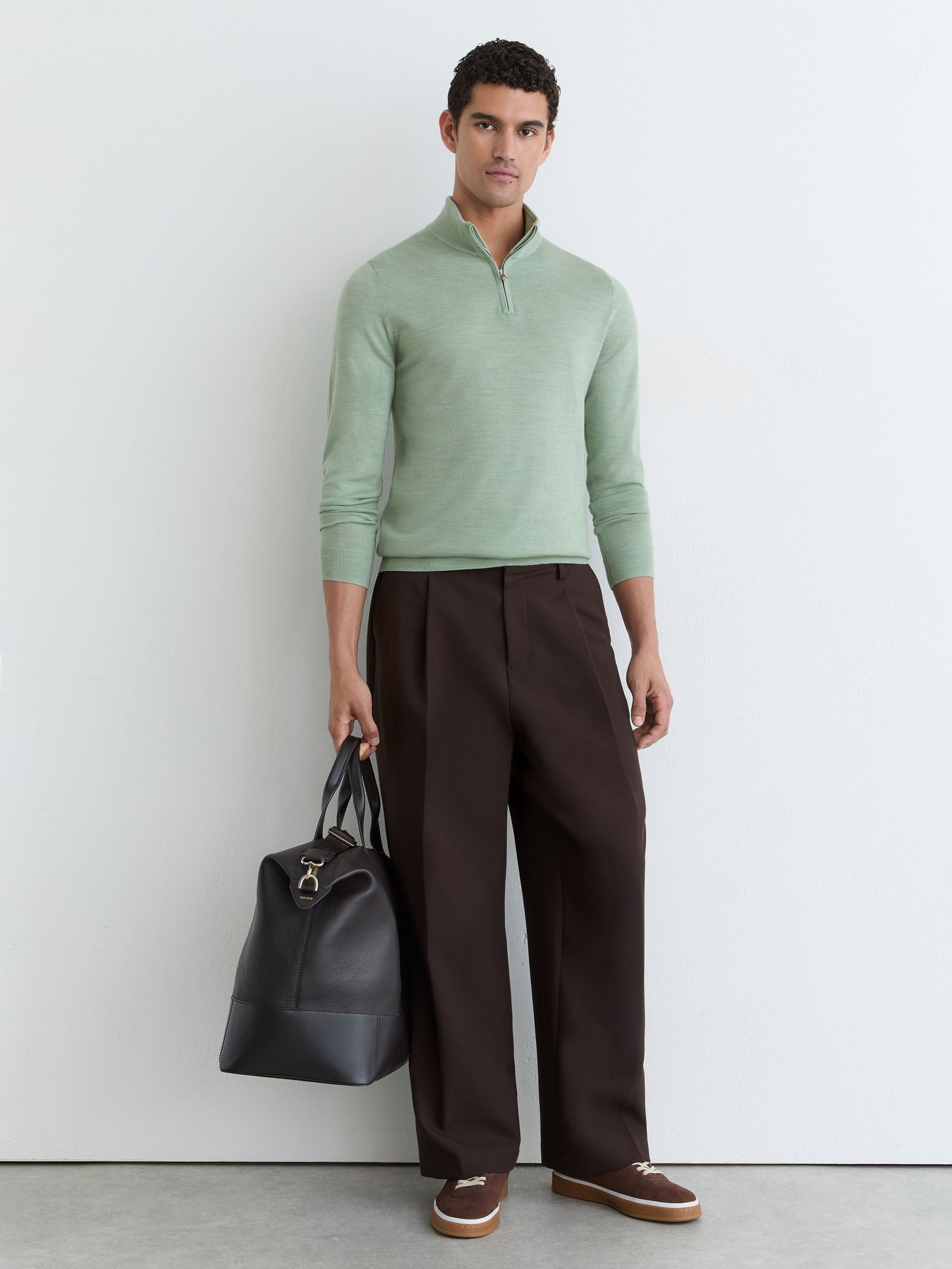 Merino Wool Half-Zip Funnel-Neck Jumper in Minty Sage Green - Billede 1 af 7