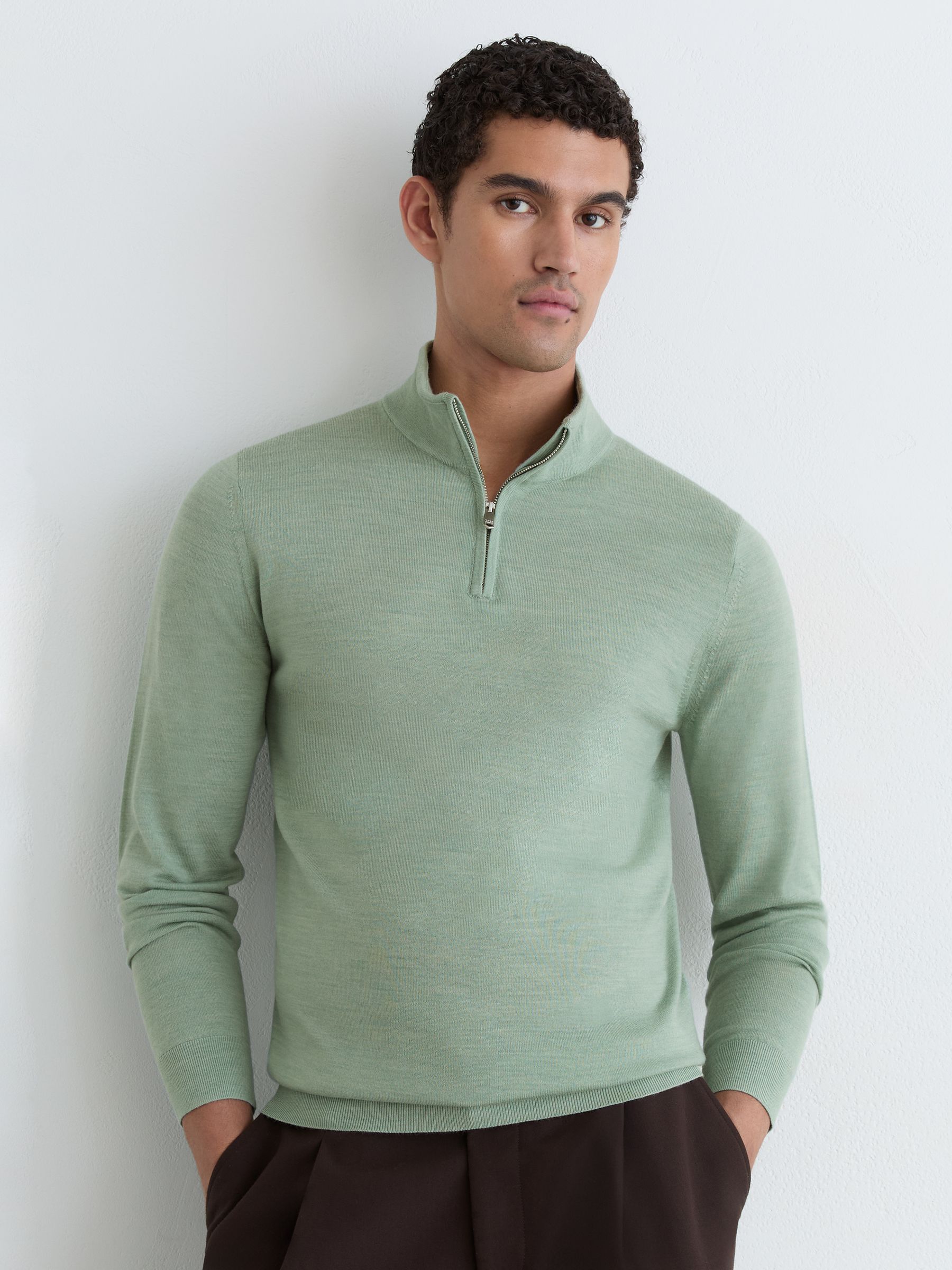 Merino Wool Half-Zip Funnel-Neck Jumper in Minty Sage Green - Billede 4 af 7