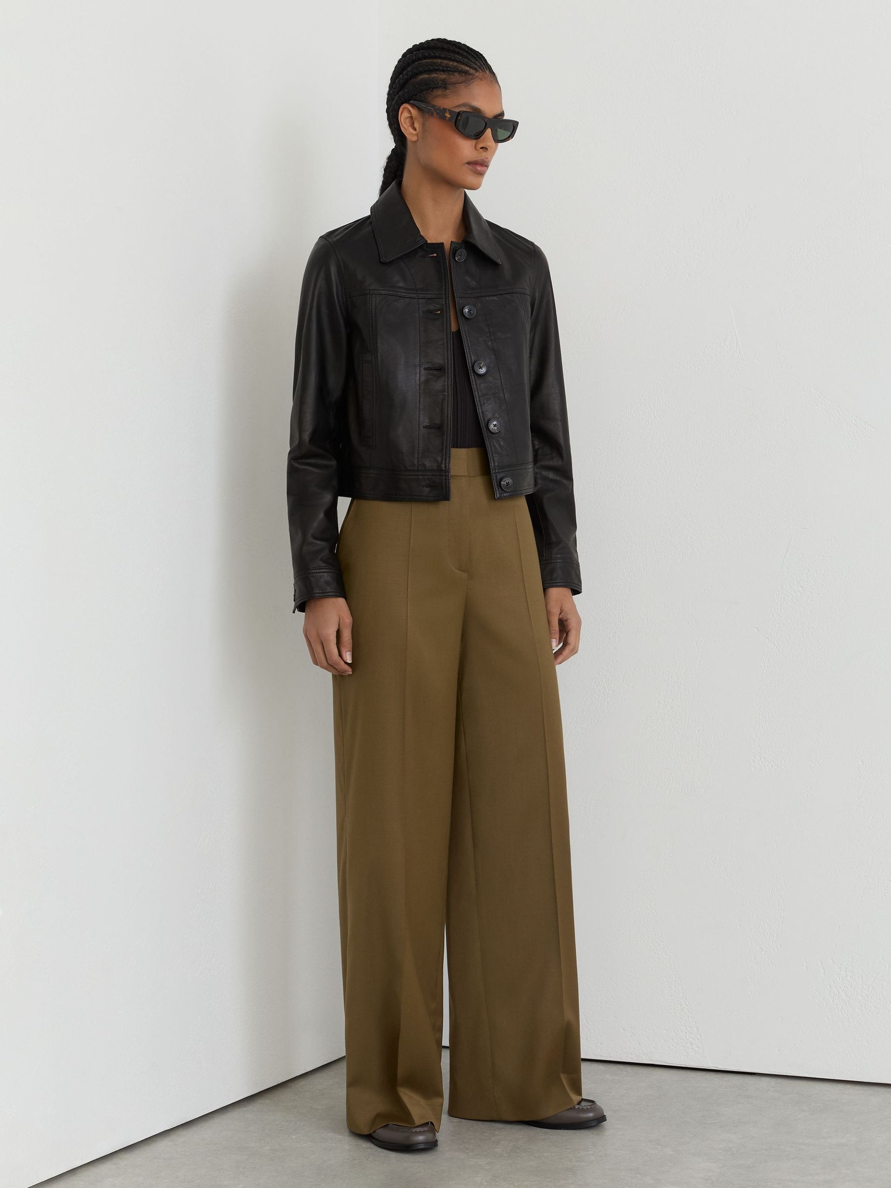 Petite Wool-Blend Wide-Leg Trousers in Khaki - Image 1 of 7