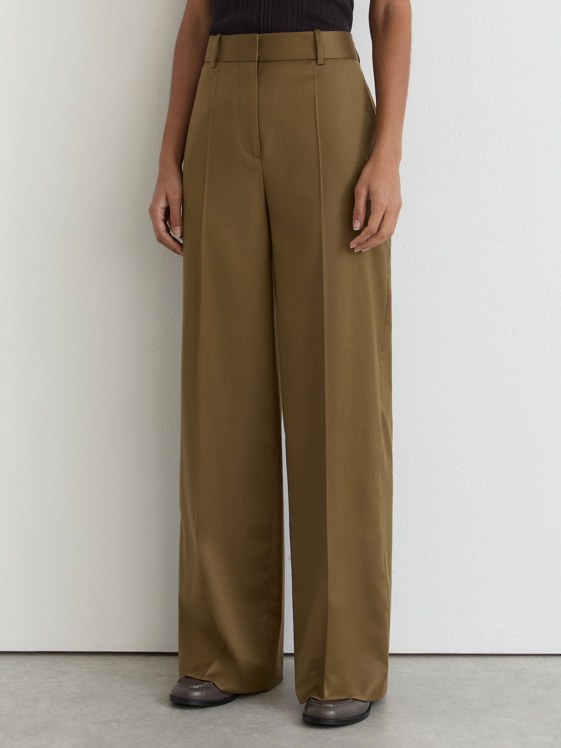 Petite Wool-Blend Wide-Leg Trousers in Khaki - Image 3 of 7