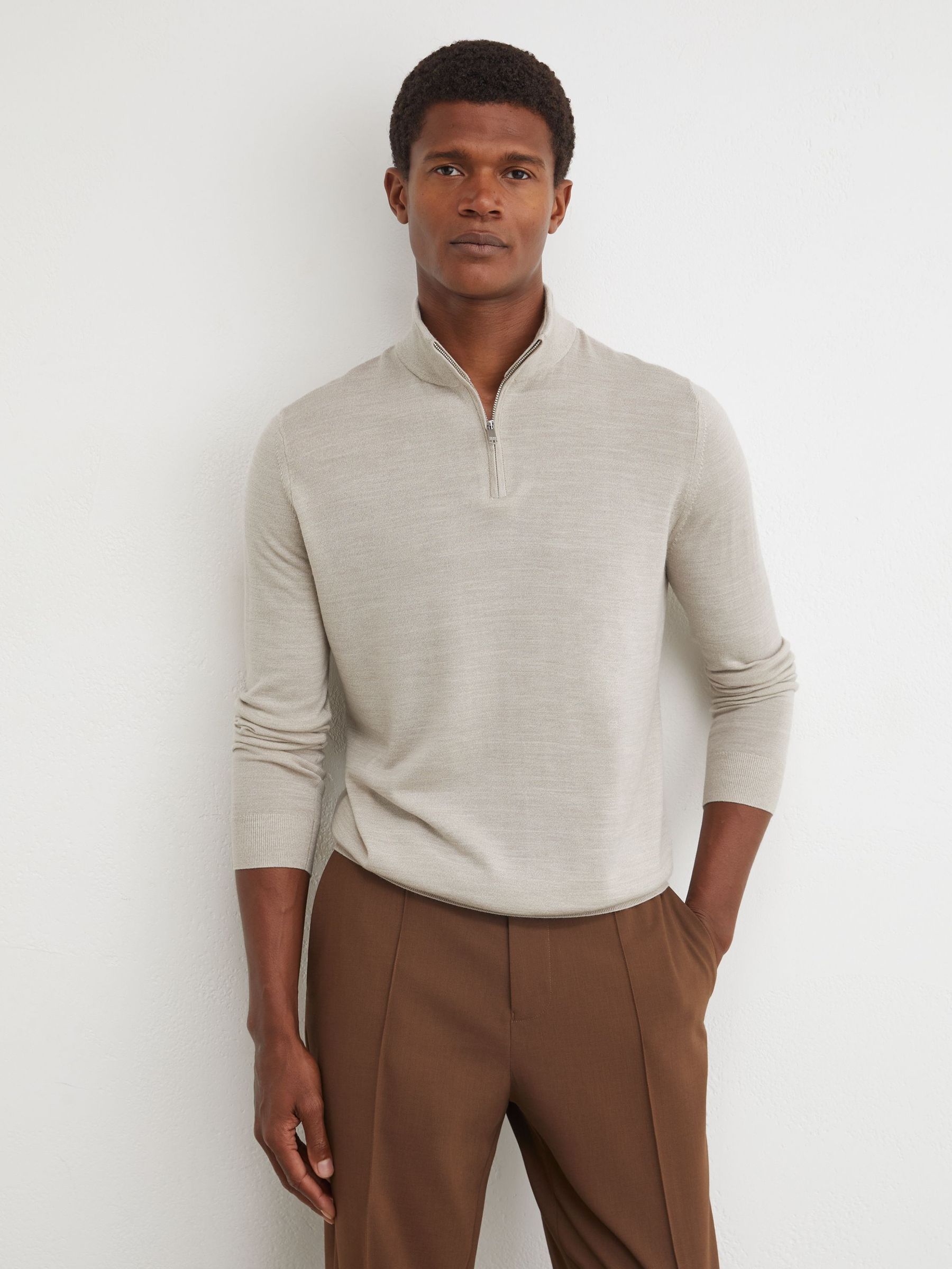 Merino Wool Half-Zip Funnel-Neck Jumper in Stone Mouline - Image 1 of 6