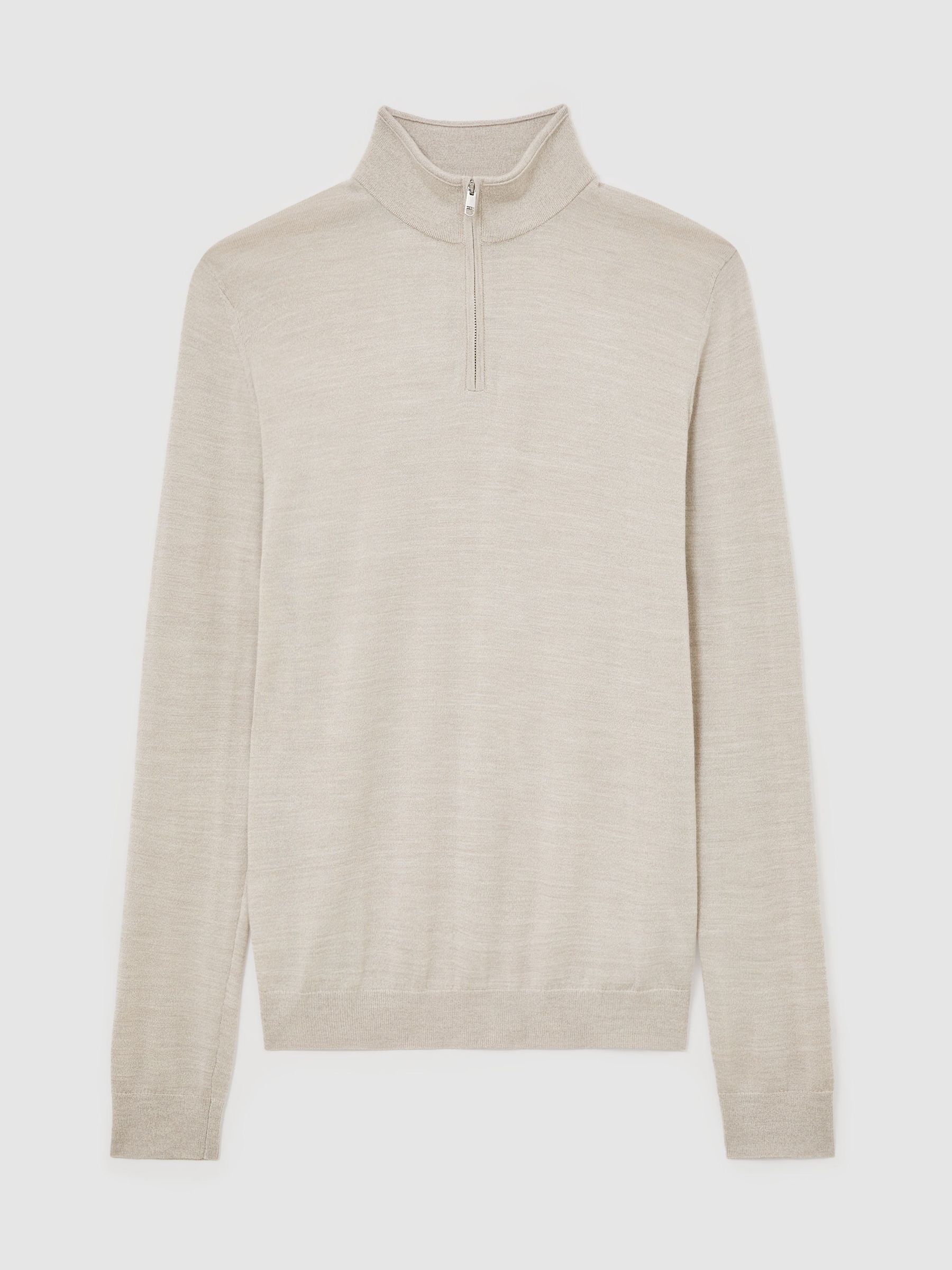 Merino Wool Half-Zip Funnel-Neck Jumper in Stone Mouline - Image 2 of 6