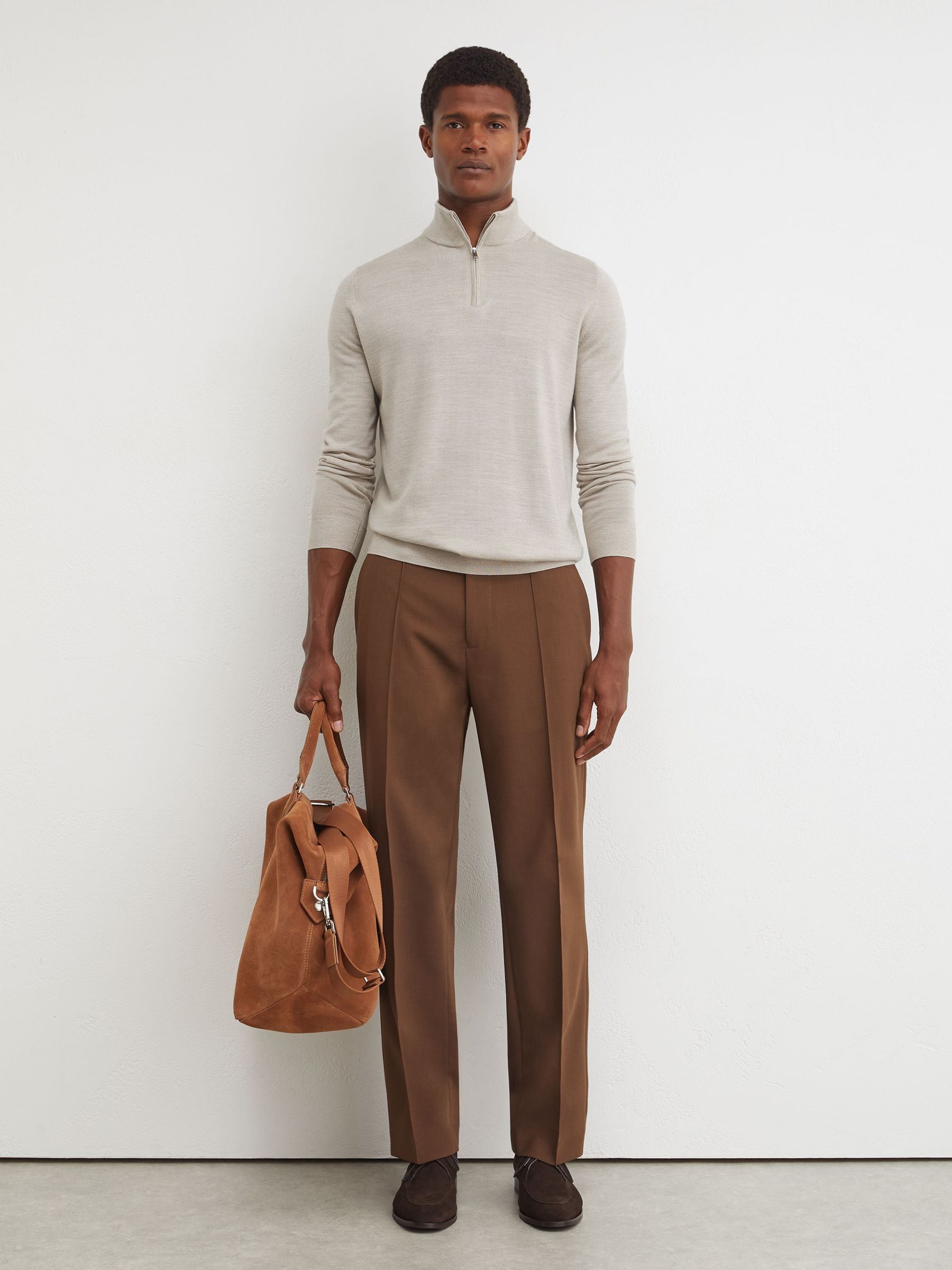 Merino Wool Half-Zip Funnel-Neck Jumper in Stone Mouline - Image 3 of 6