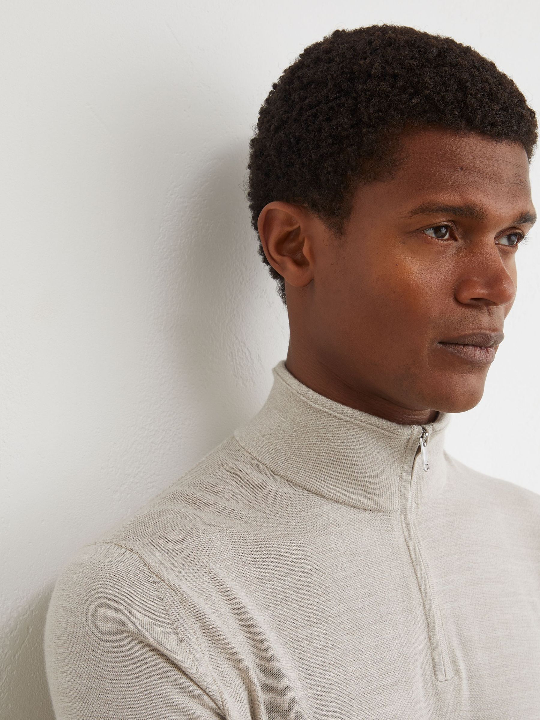 Merino Wool Half-Zip Funnel-Neck Jumper in Stone Mouline - Image 4 of 6