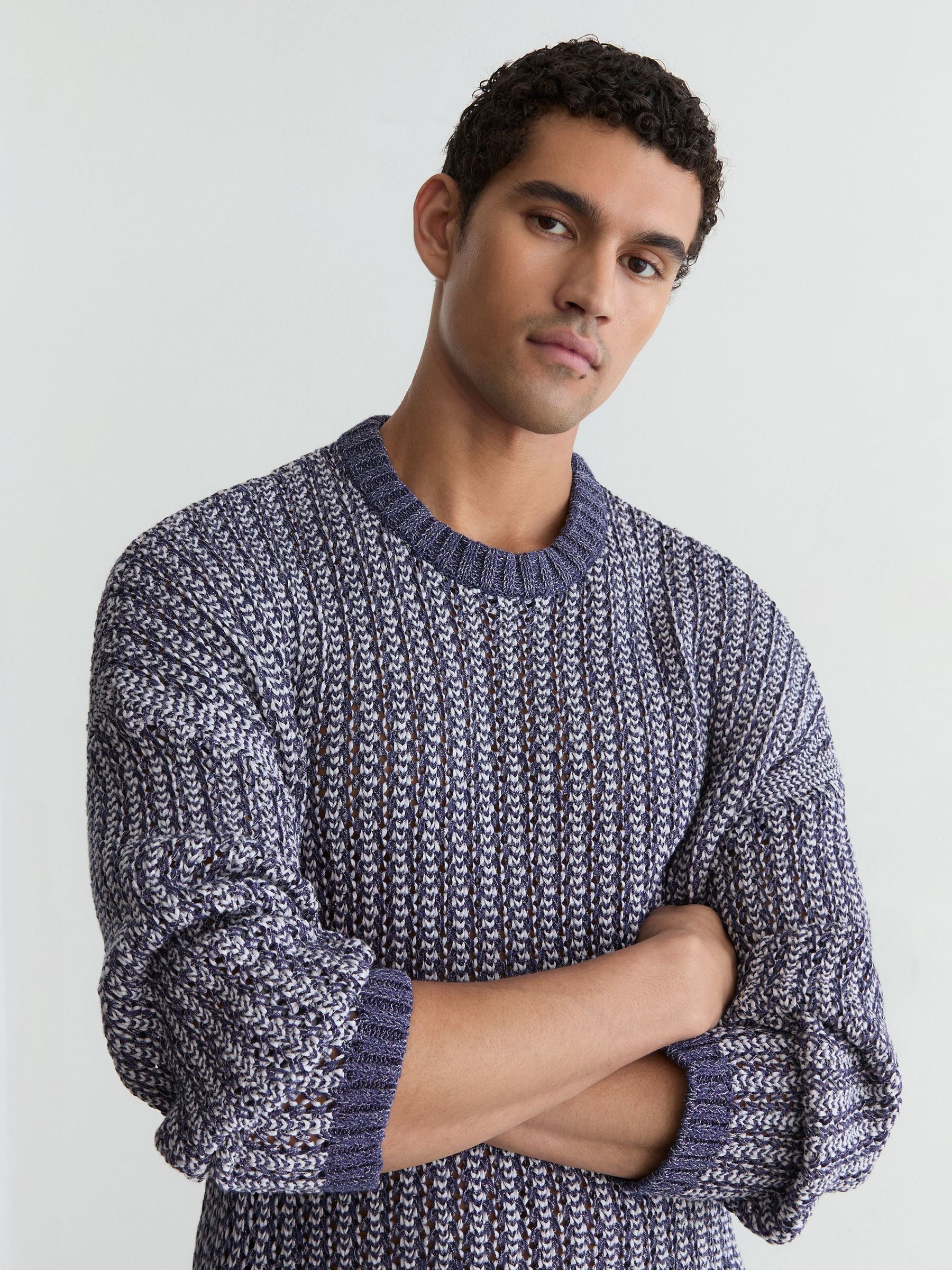 Cotton-Blend Tape-Yarn Crew-Neck Jumper in Denim Blue Jaspe - Image 1 of 6