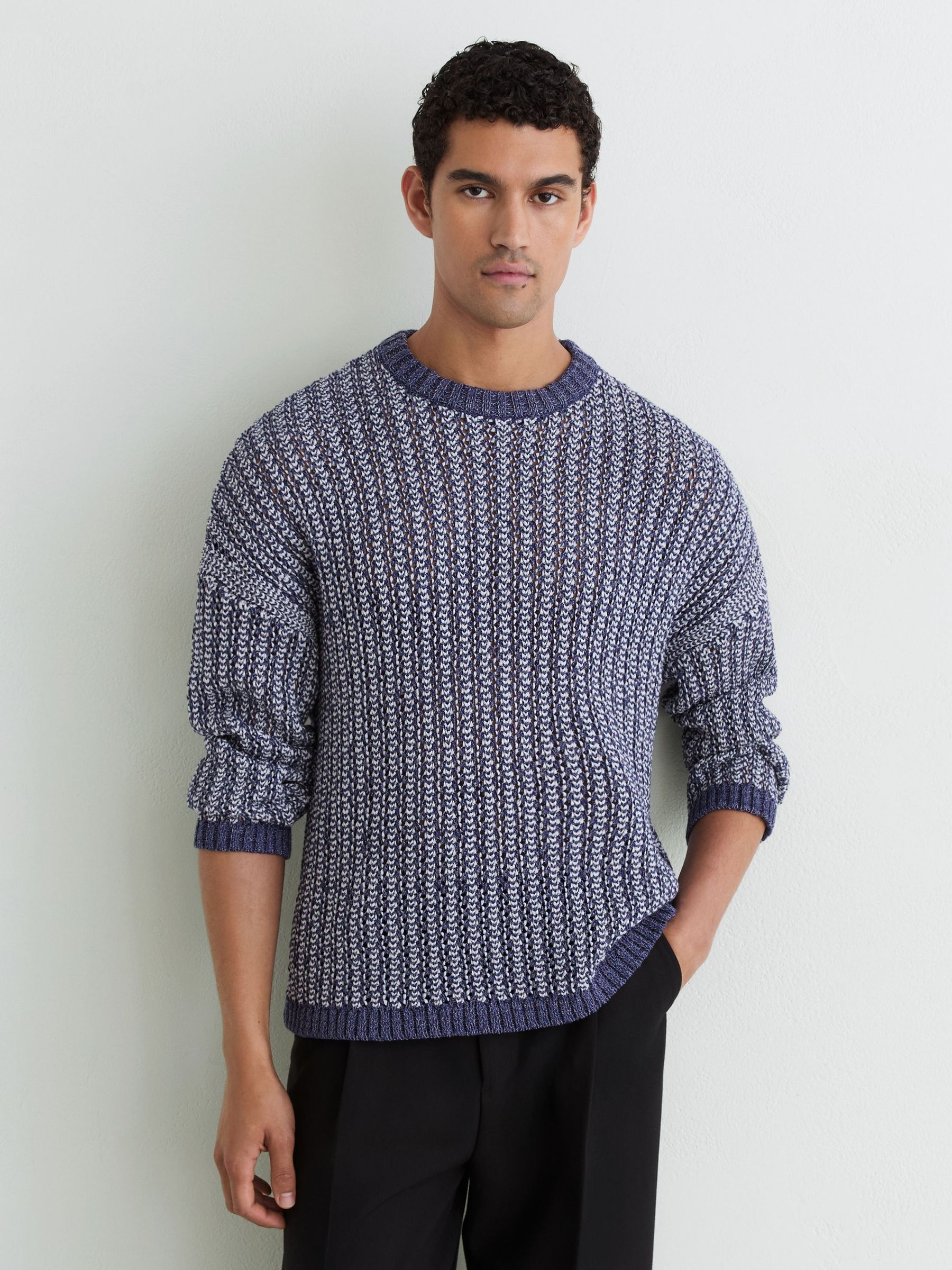 Cotton-Blend Tape-Yarn Crew-Neck Jumper in Denim Blue Jaspe - Image 4 of 6