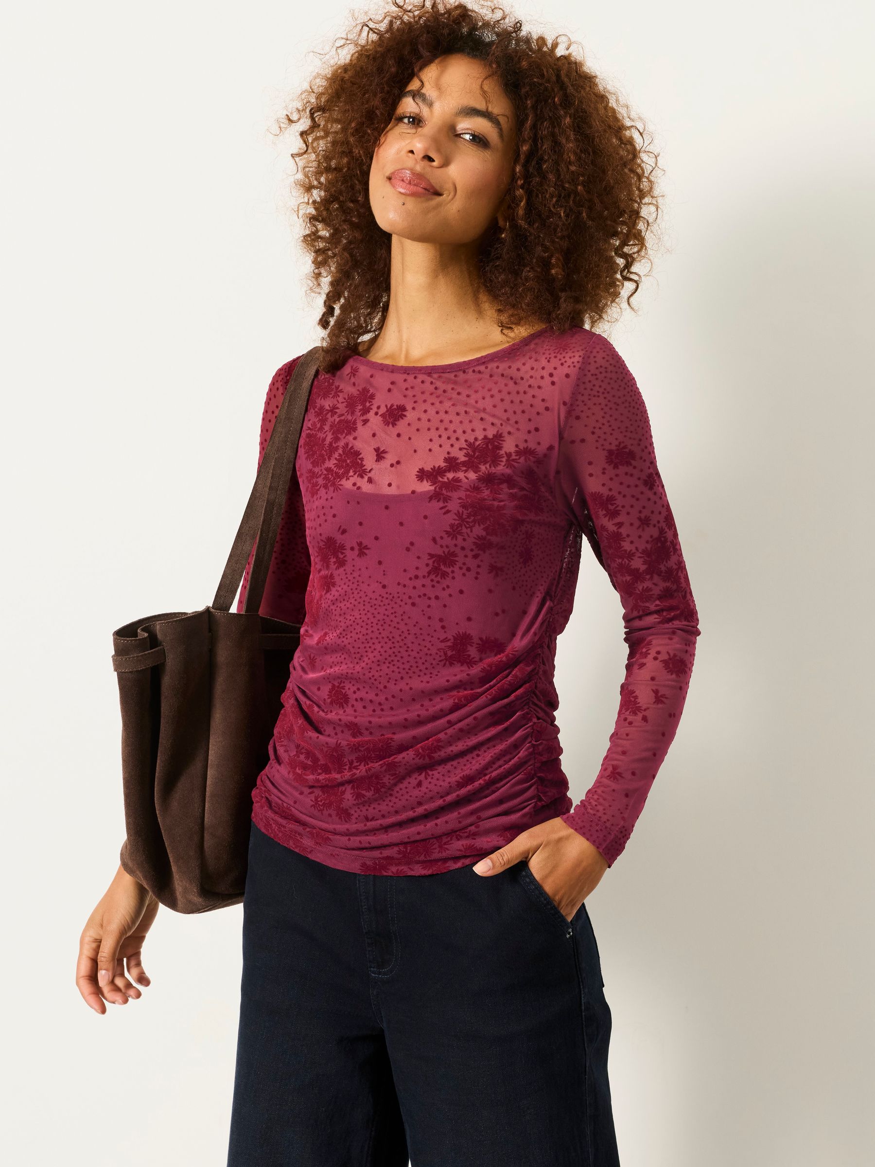 Ruby Burgundy Red Floral Ruched Mesh Long Sleeve Top - Image 1 of 7