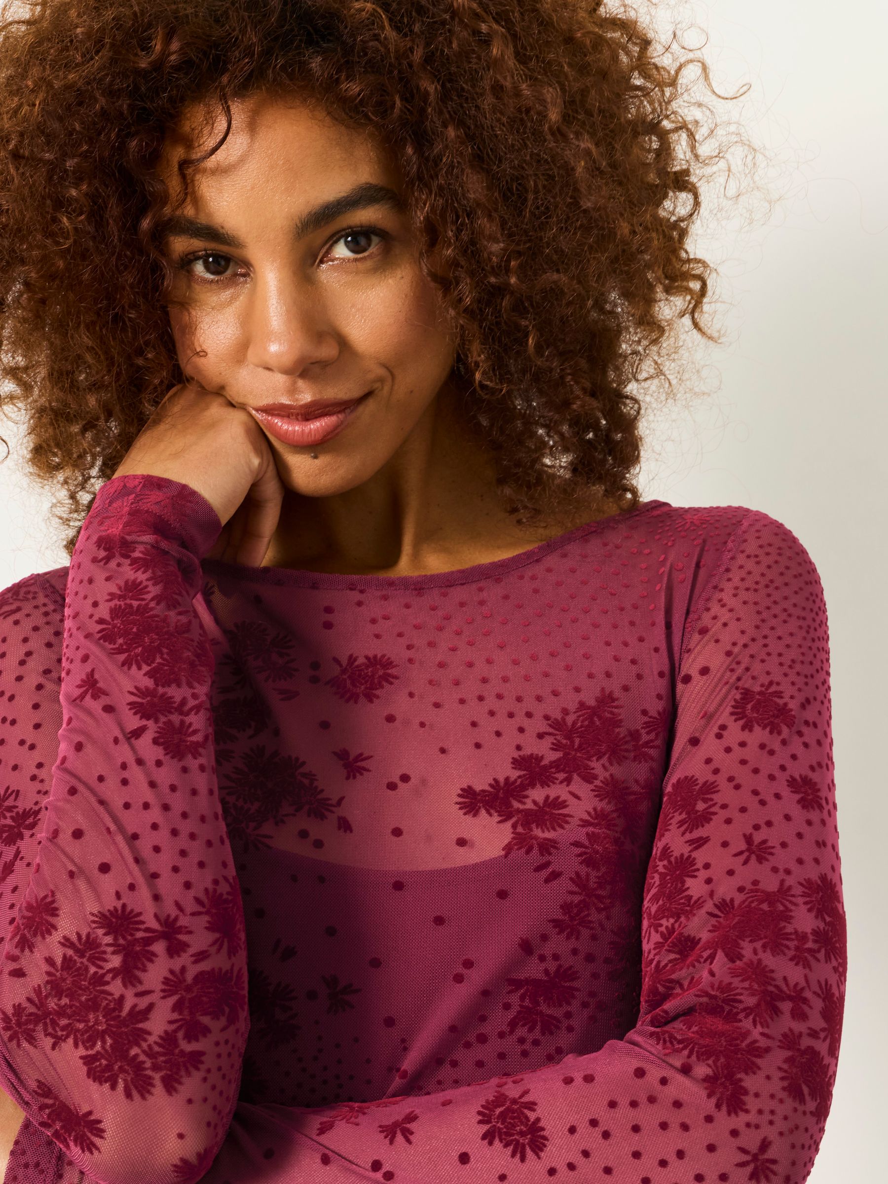 Ruby Burgundy Red Floral Ruched Mesh Long Sleeve Top - Image 2 of 7 Ruby Burgundy Red Floral Ruched Mesh Long Sleeve Top - Image 2 of 7