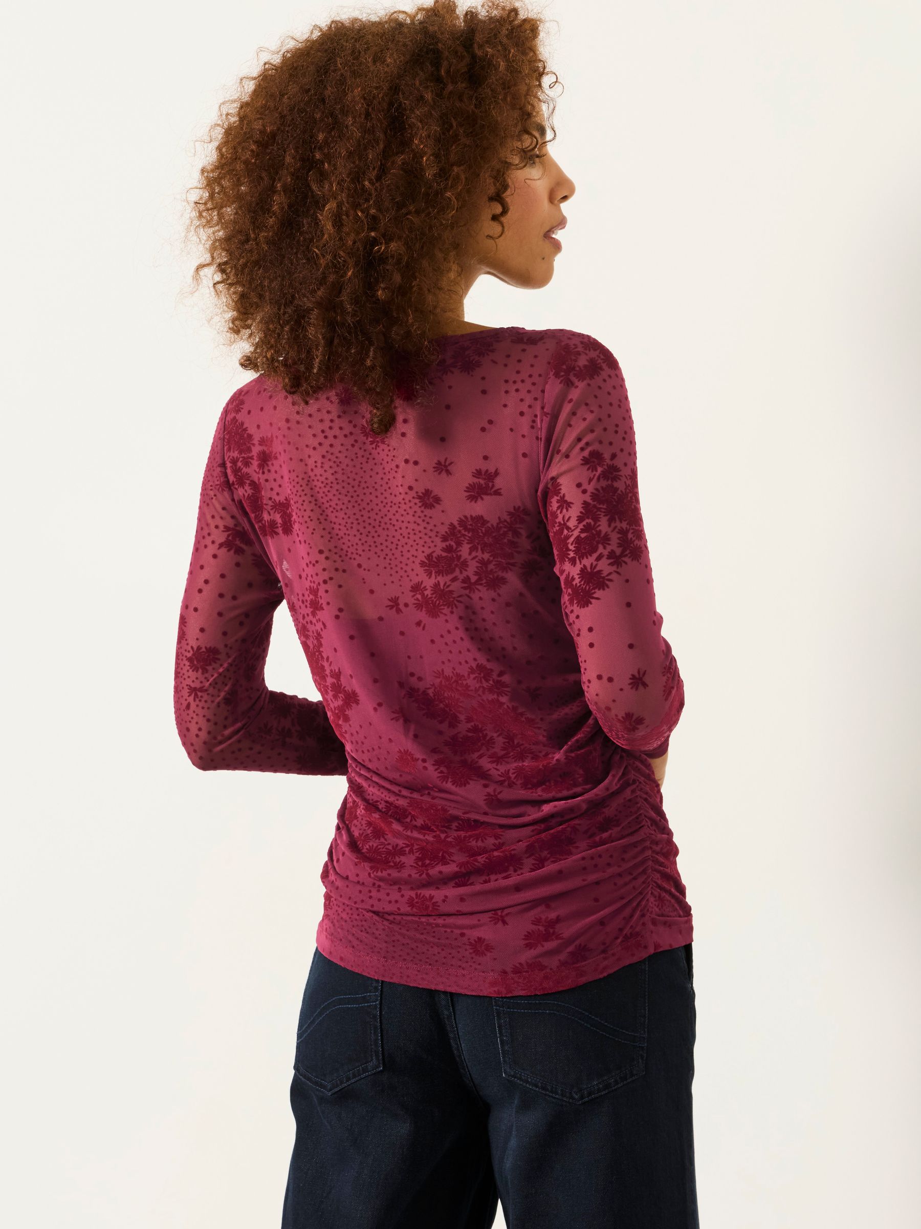 Ruby Burgundy Red Floral Ruched Mesh Long Sleeve Top - Image 3 of 7