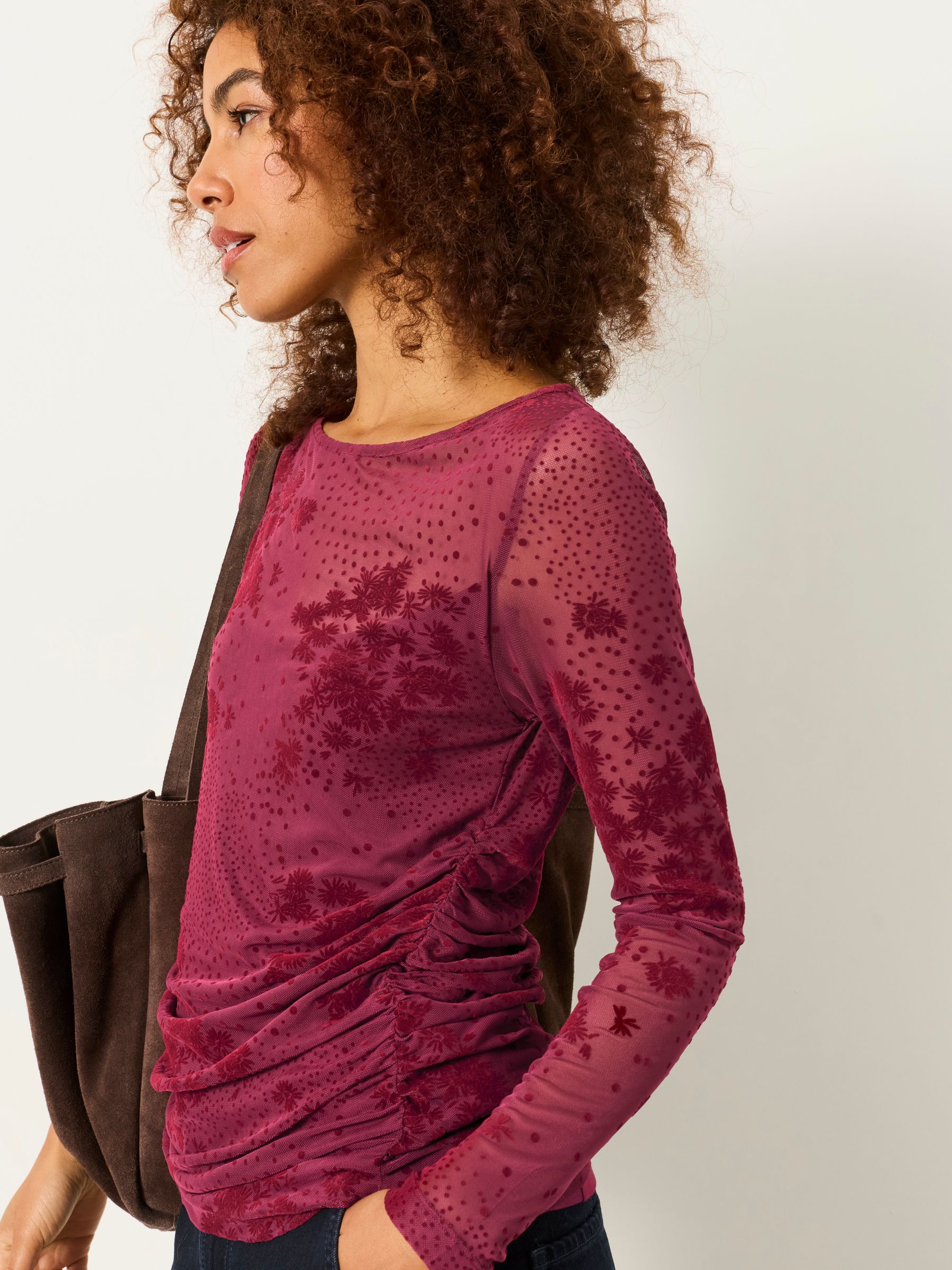 Ruby Burgundy Red Floral Ruched Mesh Long Sleeve Top - Image 4 of 7