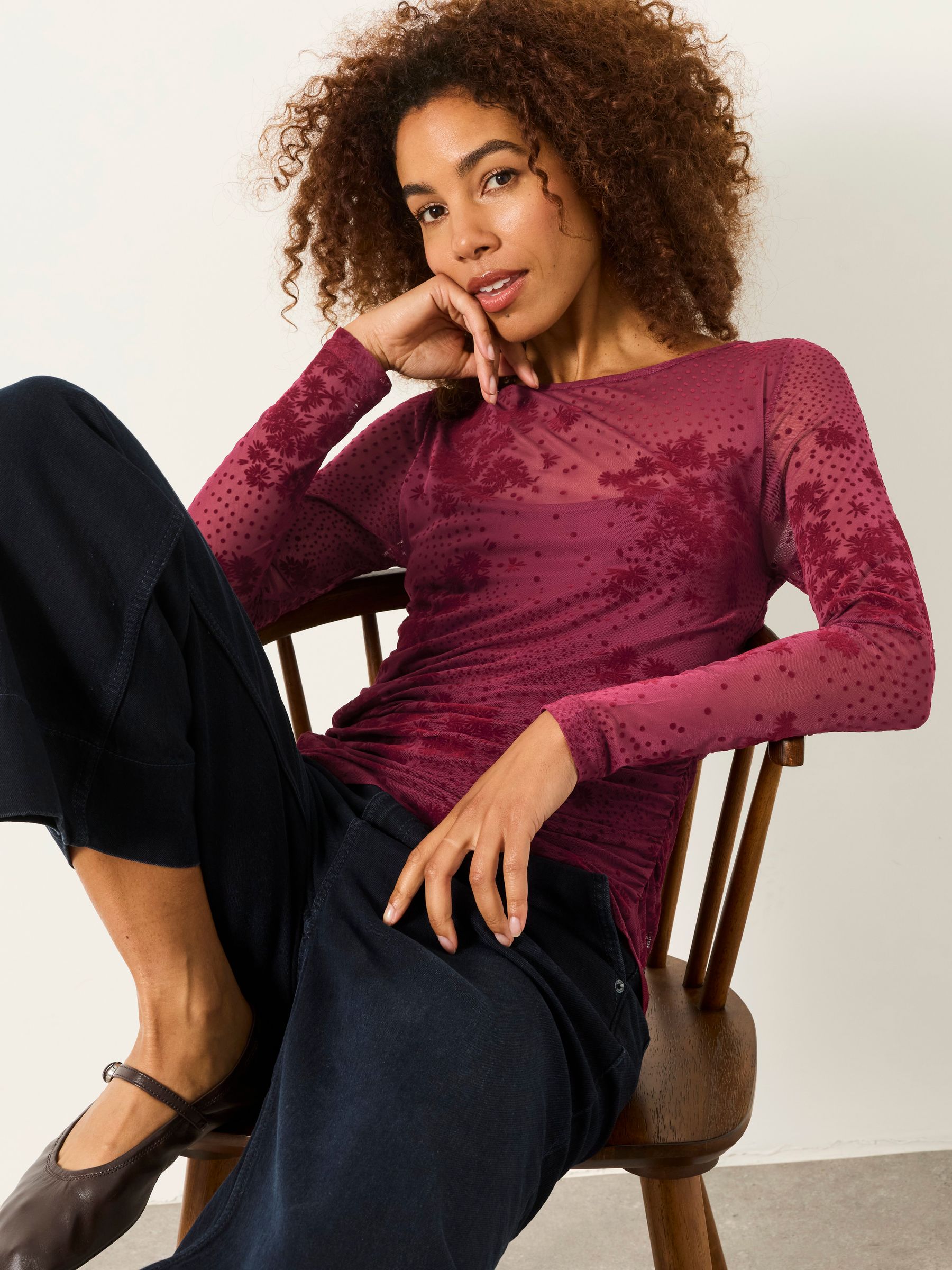 Ruby Burgundy Red Floral Ruched Mesh Long Sleeve Top - Image 5 of 7