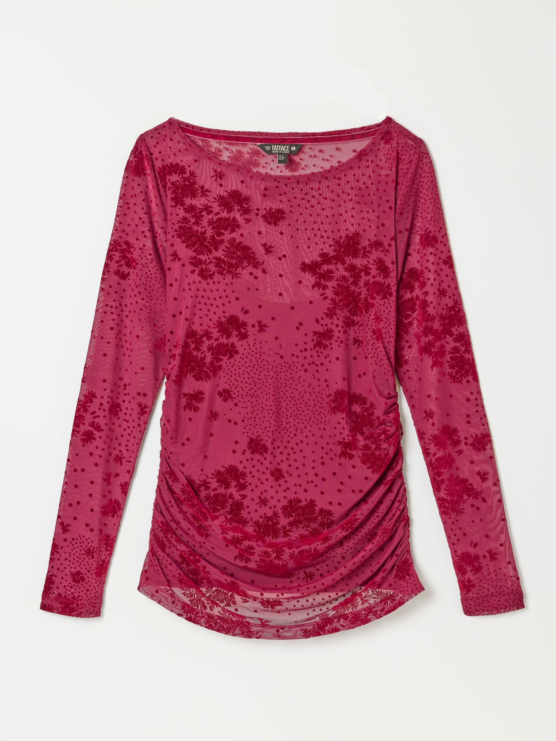 Ruby Burgundy Red Floral Ruched Mesh Long Sleeve Top - Image 6 of 7